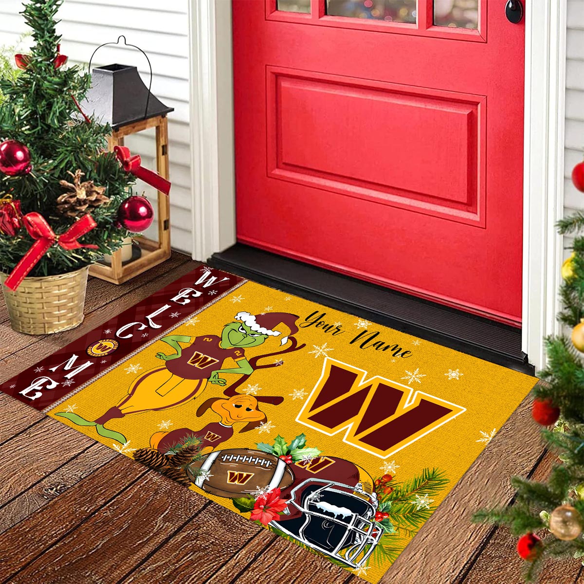 Washington Commanders Grinch Christmas Welcome Football Doormat - Famjoys Washington Commanders Grinch Christmas Welcome Football Doormat - Famjoys