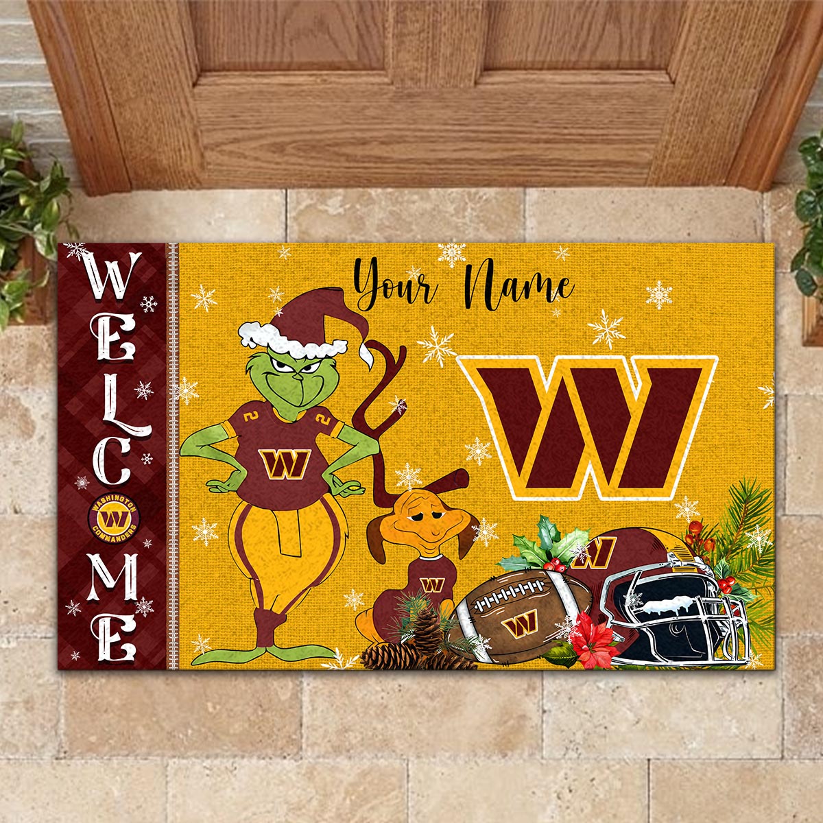 Washington Commanders Grinch Christmas Welcome Football Doormat - Famjoys Washington Commanders Grinch Christmas Welcome Football Doormat - Famjoys