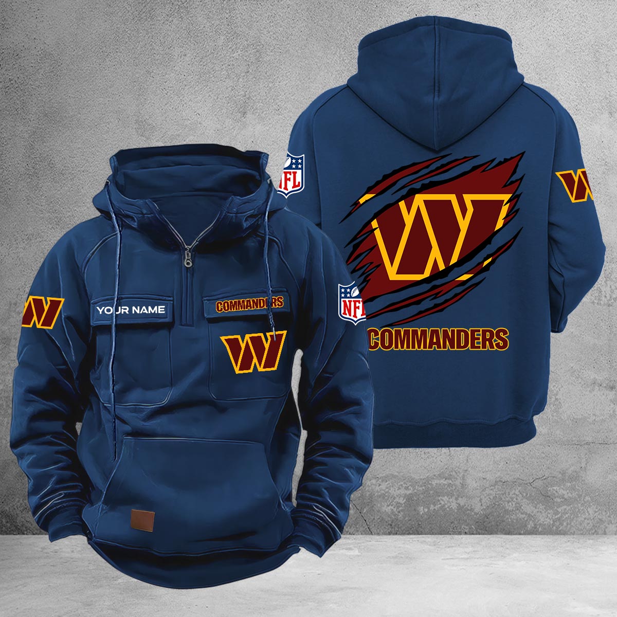 Washington Commanders Multi-Pockets Zip-Up Hoodie - Famjoys Washington Commanders Multi-Pockets Zip-Up Hoodie - Famjoys