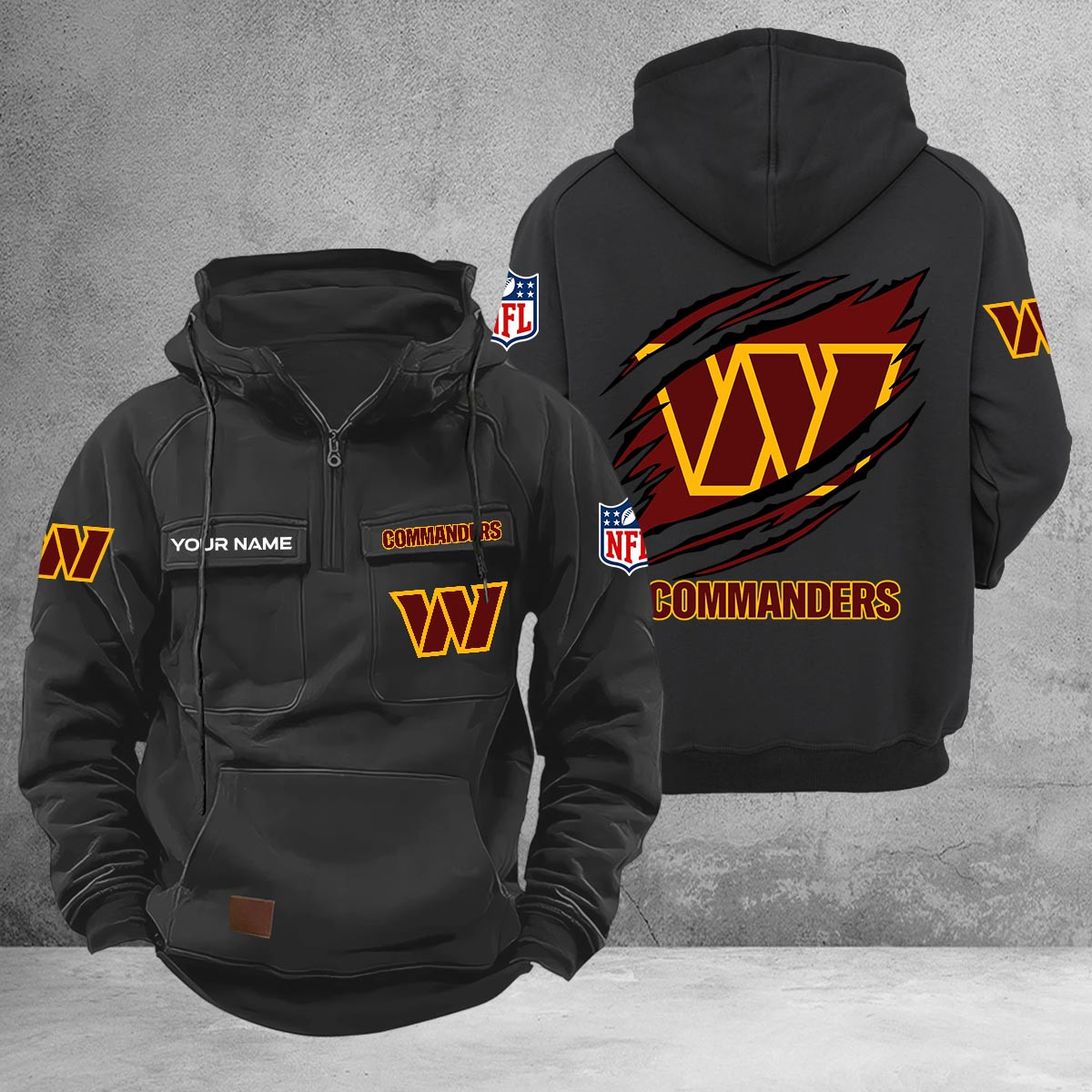 Washington Commanders Multi-Pockets Zip-Up Hoodie - Famjoys Washington Commanders Multi-Pockets Zip-Up Hoodie - Famjoys