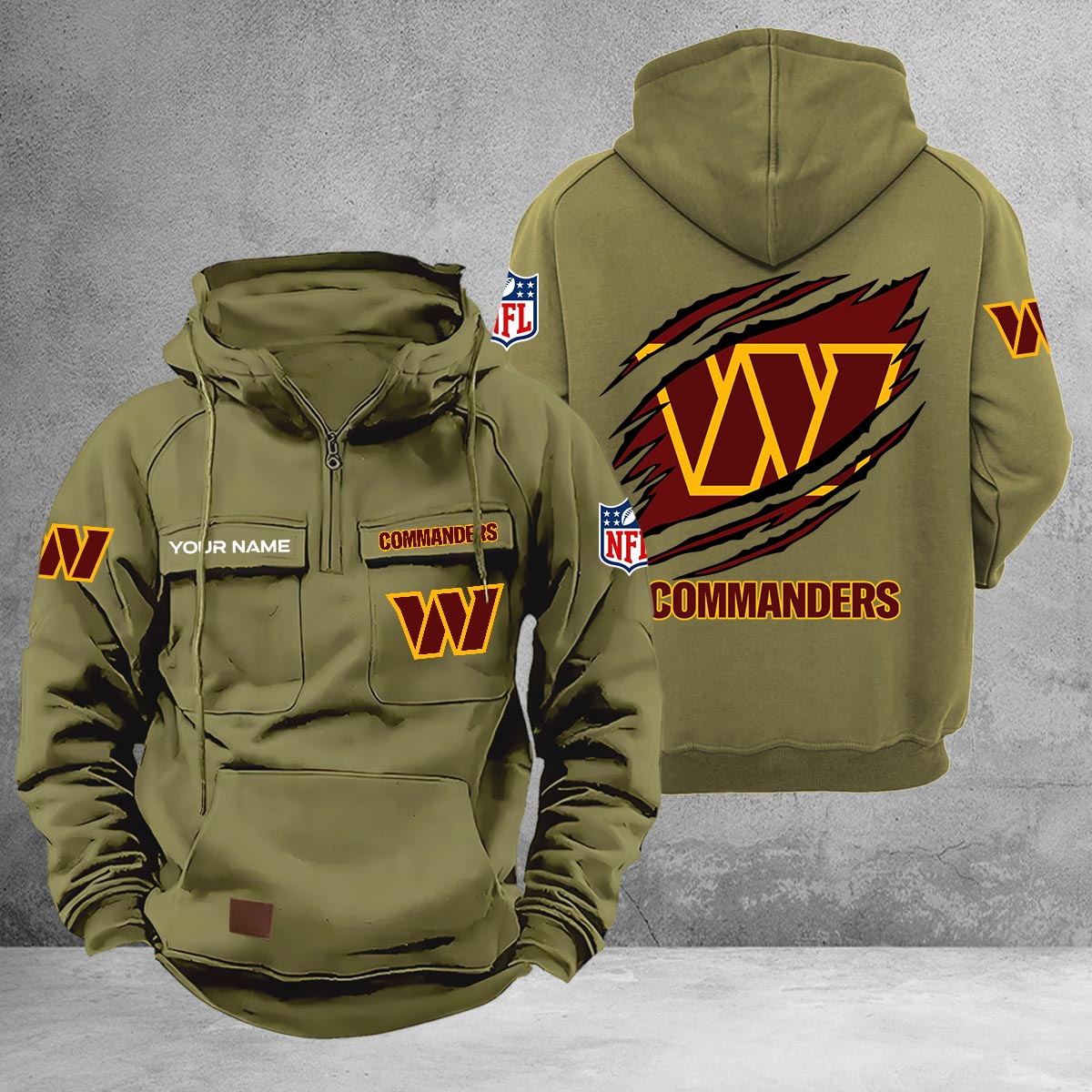 Washington Commanders Multi-Pockets Zip-Up Hoodie - Famjoys Washington Commanders Multi-Pockets Zip-Up Hoodie - Famjoys
