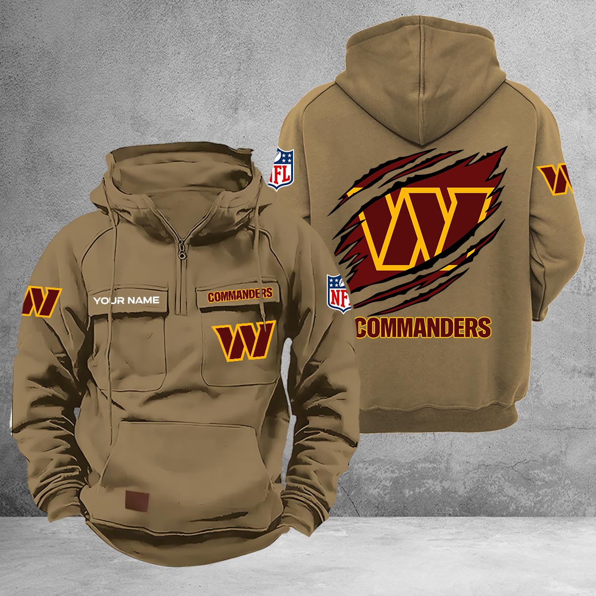 Washington Commanders Multi-Pockets Zip-Up Hoodie - Famjoys Washington Commanders Multi-Pockets Zip-Up Hoodie - Famjoys