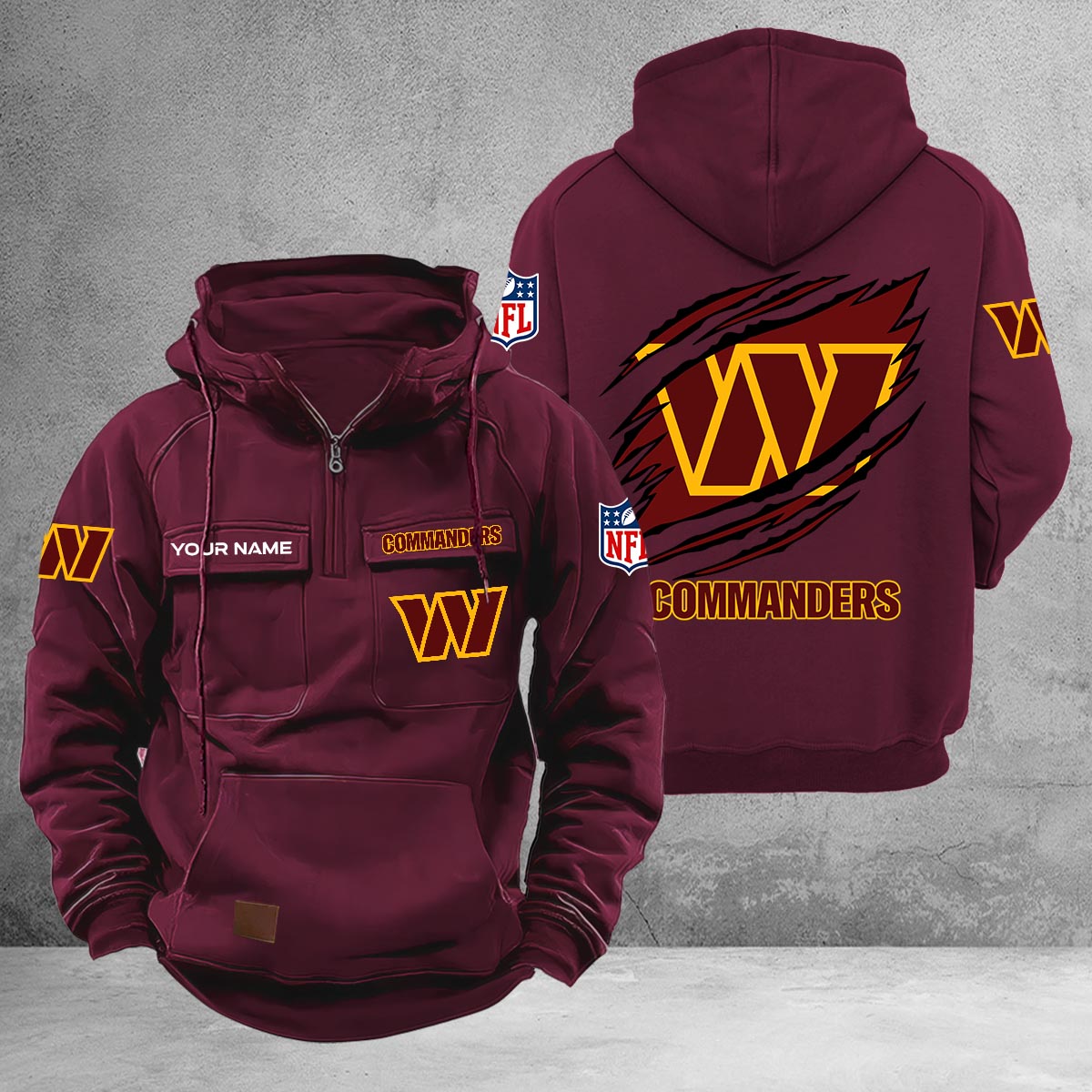Washington Commanders Multi-Pockets Zip-Up Hoodie - Famjoys Washington Commanders Multi-Pockets Zip-Up Hoodie - Famjoys