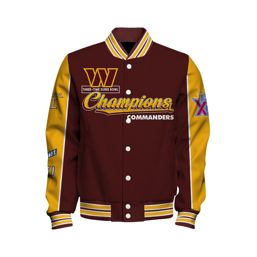 Washington Commanders Super Bowl Champions Live For These Colors Varsity Jacket - Famjoys Washington Commanders Super Bowl Champions Live For These Colors Varsity Jacket - Famjoys