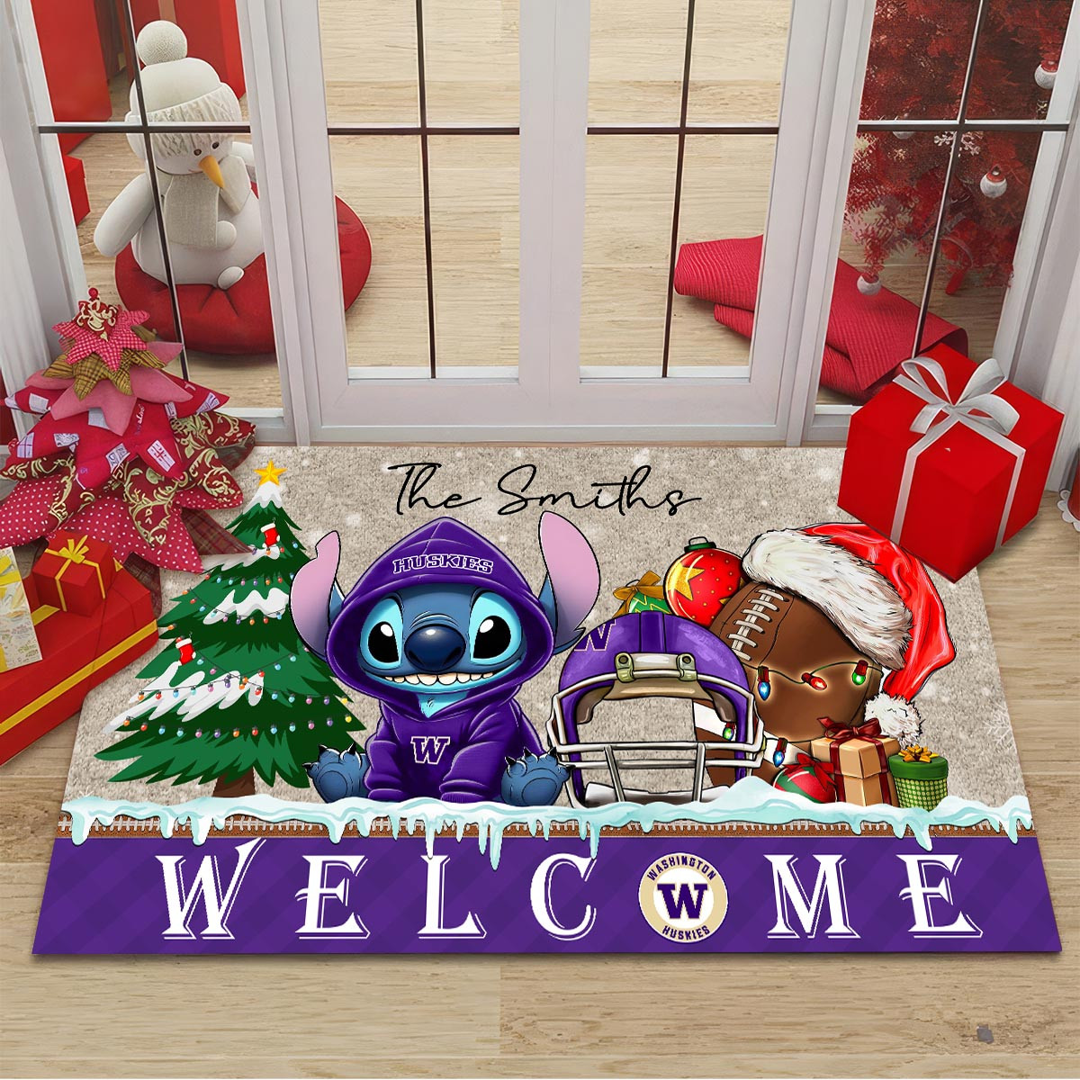 Washington Huskies Cute Stitch Christmas Doormat - Famjoys Washington Huskies Cute Stitch Christmas Doormat - Famjoys