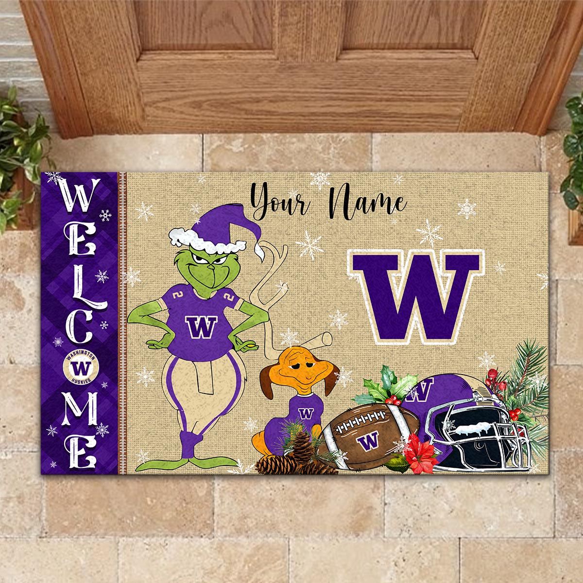 Washington Huskies Grinch Christmas Welcome Football Doormat - Famjoys Washington Huskies Grinch Christmas Welcome Football Doormat - Famjoys