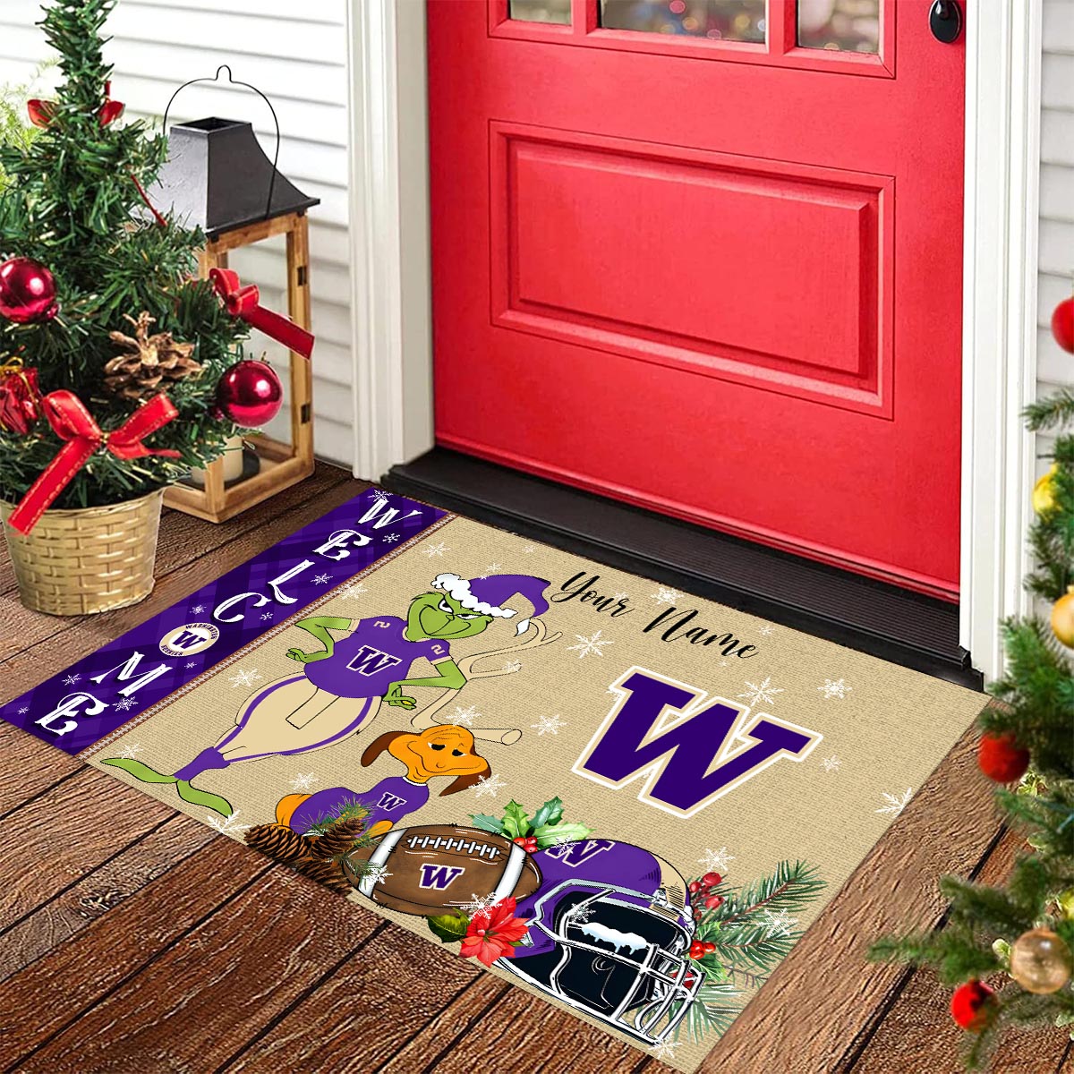 Washington Huskies Grinch Christmas Welcome Football Doormat - Famjoys Washington Huskies Grinch Christmas Welcome Football Doormat - Famjoys
