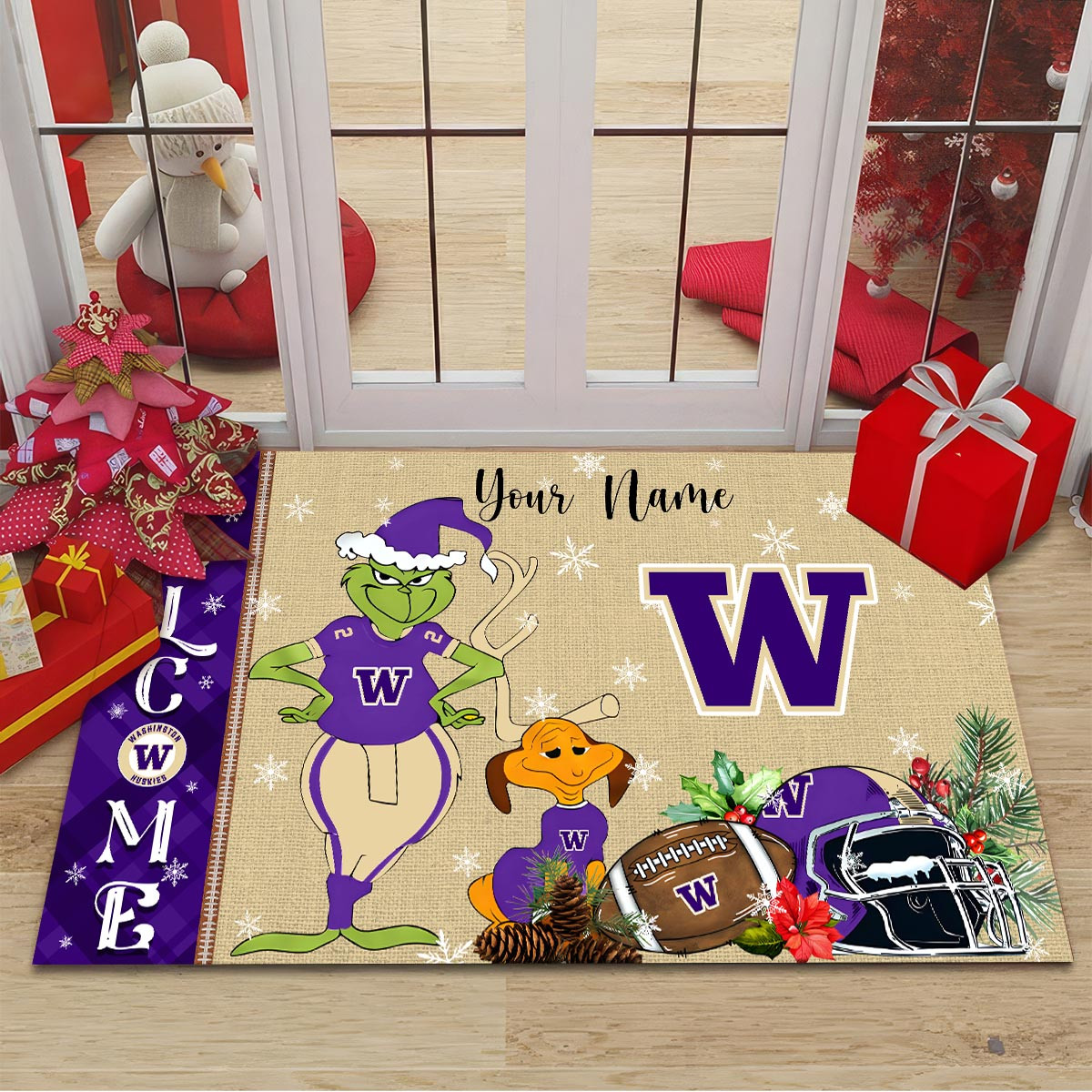 Washington Huskies Grinch Christmas Welcome Football Doormat - Famjoys Washington Huskies Grinch Christmas Welcome Football Doormat - Famjoys