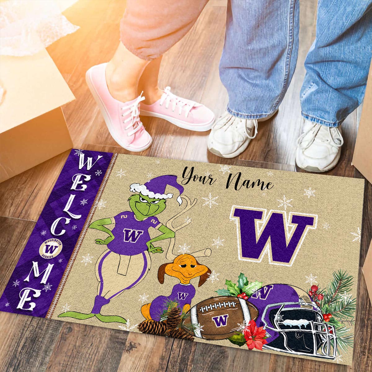 Washington Huskies Grinch Christmas Welcome Football Doormat - Famjoys Washington Huskies Grinch Christmas Welcome Football Doormat - Famjoys