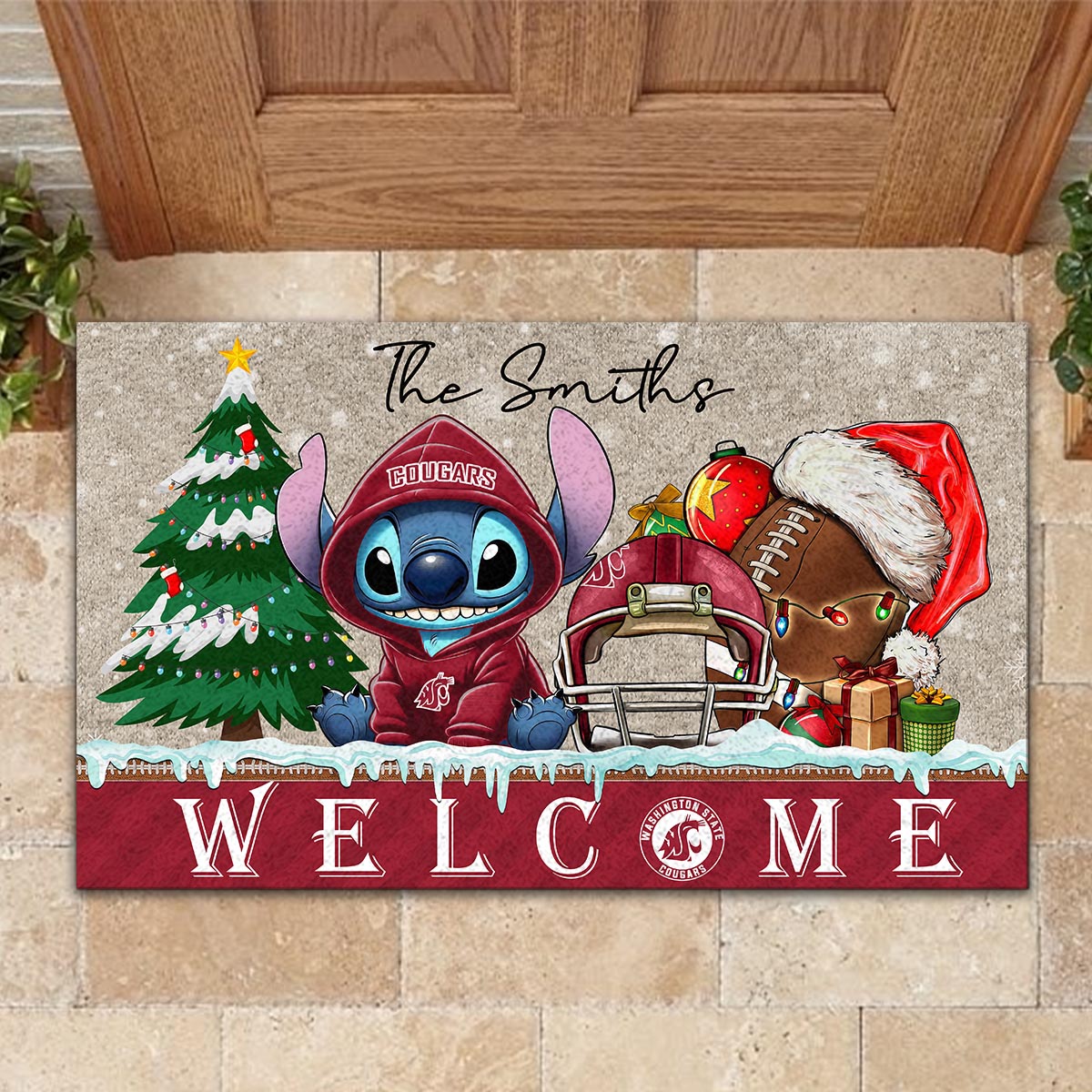 Washington State Cougars Cute Stitch Christmas Doormat - Famjoys Washington State Cougars Cute Stitch Christmas Doormat - Famjoys