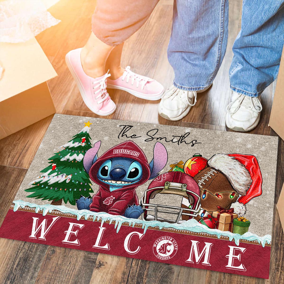 Washington State Cougars Cute Stitch Christmas Doormat - Famjoys Washington State Cougars Cute Stitch Christmas Doormat - Famjoys