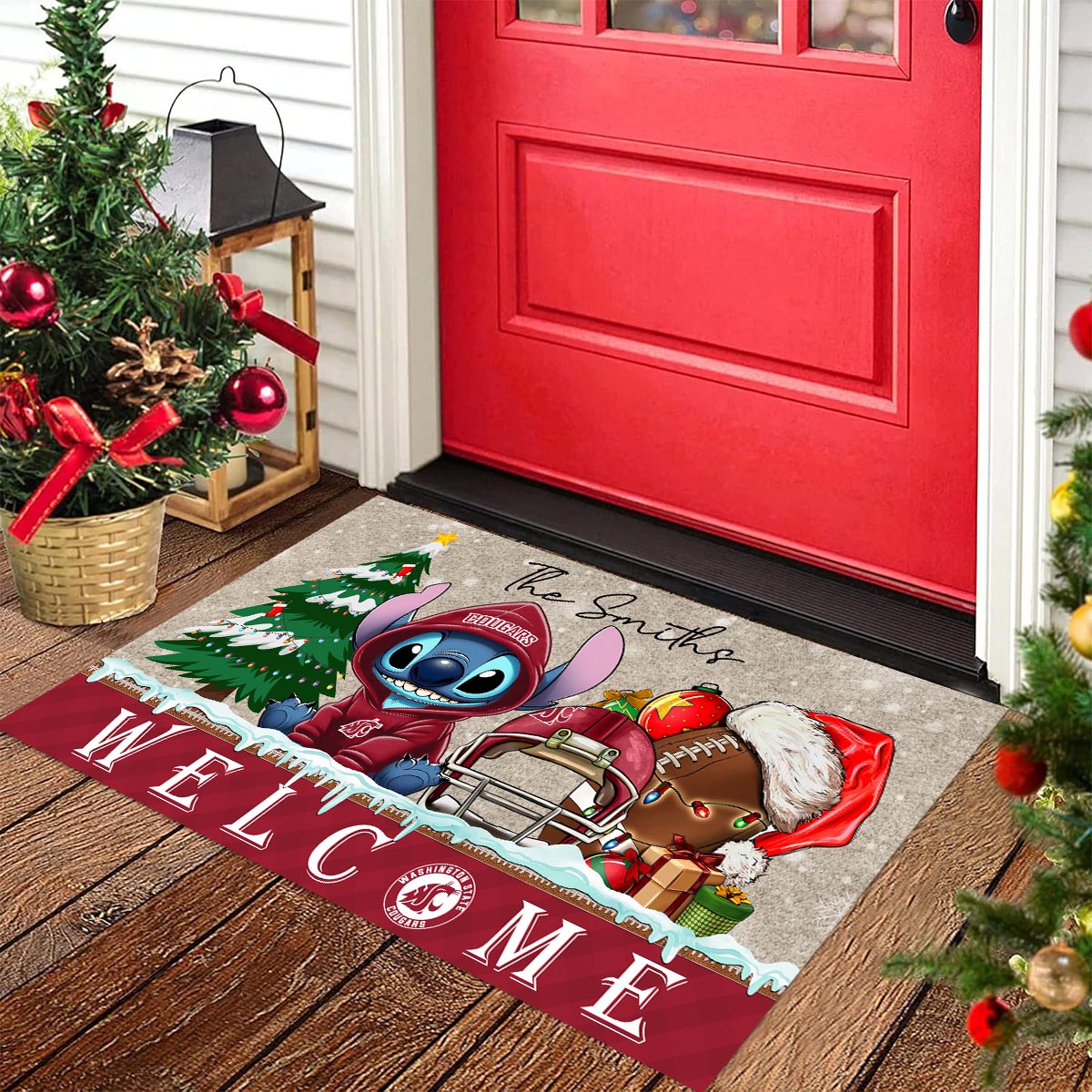 Washington State Cougars Cute Stitch Christmas Doormat - Famjoys Washington State Cougars Cute Stitch Christmas Doormat - Famjoys