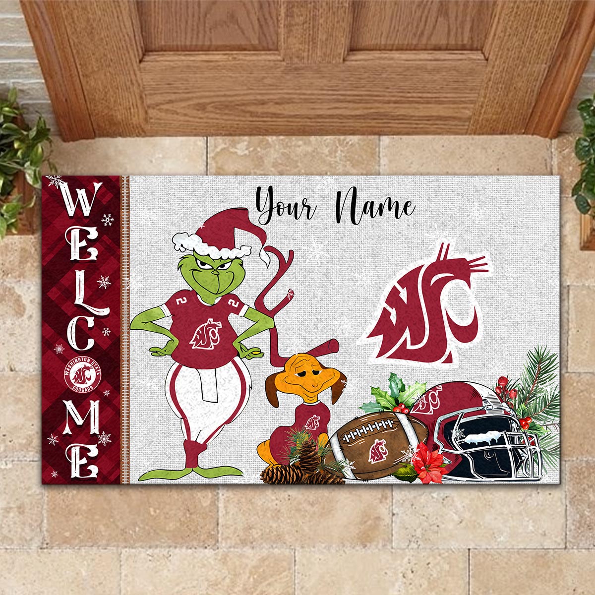 Washington State Cougars Grinch Christmas Welcome Football Doormat - Famjoys Washington State Cougars Grinch Christmas Welcome Football Doormat - Famjoys