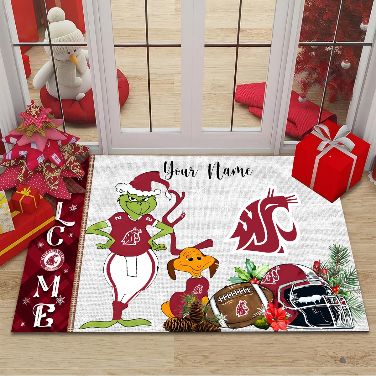 Washington State Cougars Grinch Christmas Welcome Football Doormat - Famjoys Washington State Cougars Grinch Christmas Welcome Football Doormat - Famjoys