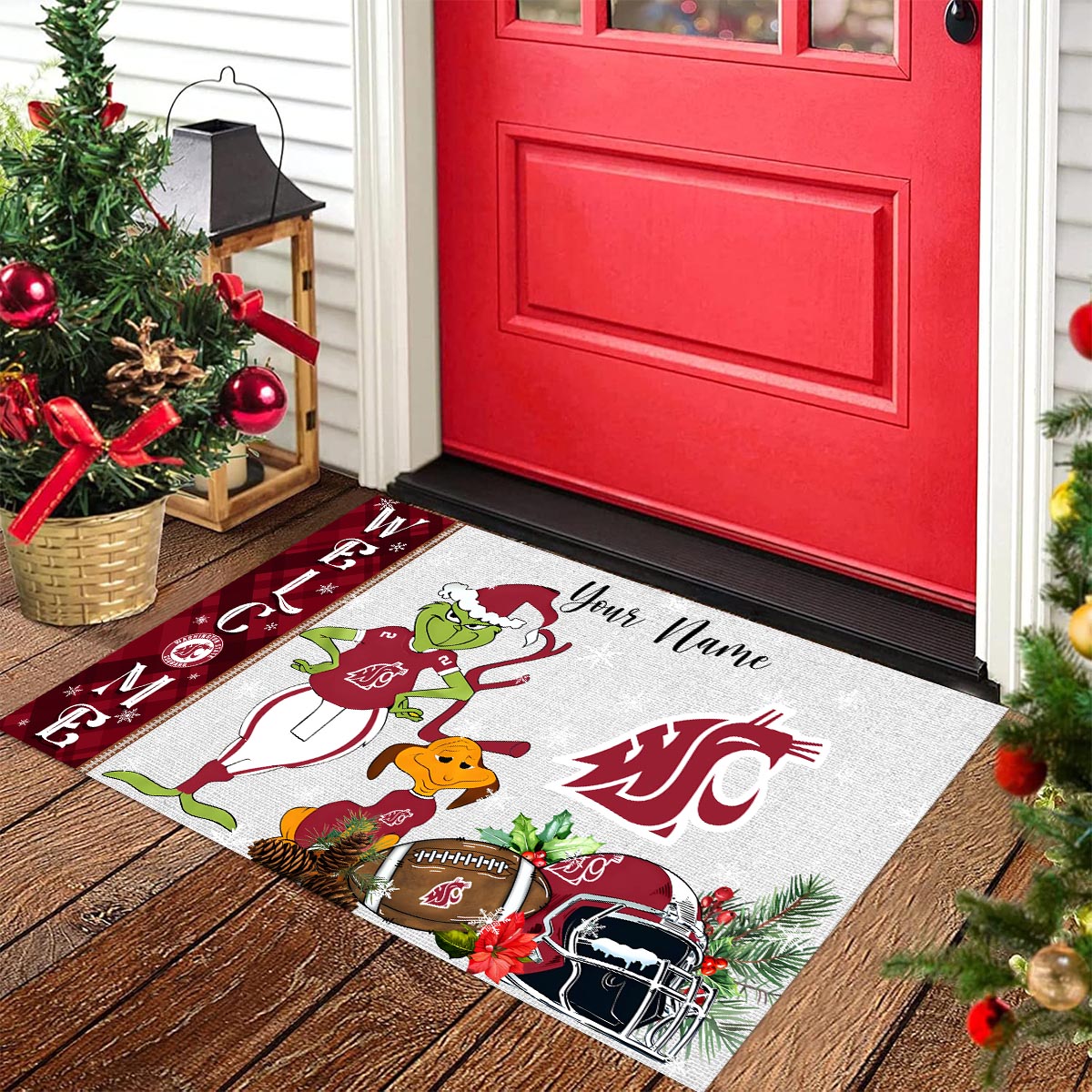 Washington State Cougars Grinch Christmas Welcome Football Doormat - Famjoys Washington State Cougars Grinch Christmas Welcome Football Doormat - Famjoys