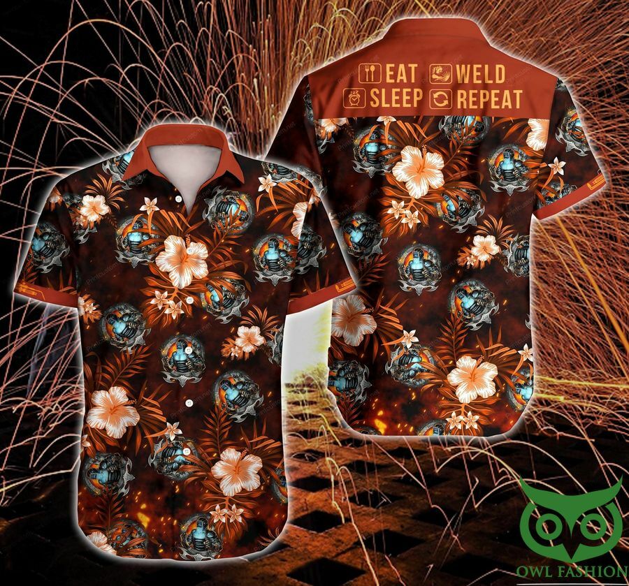Welder Eat Sleep Weld Repeat Floral Orange Hawaiian Shirt - Famjoys Welder Eat Sleep Weld Repeat Floral Orange Hawaiian Shirt - Famjoys