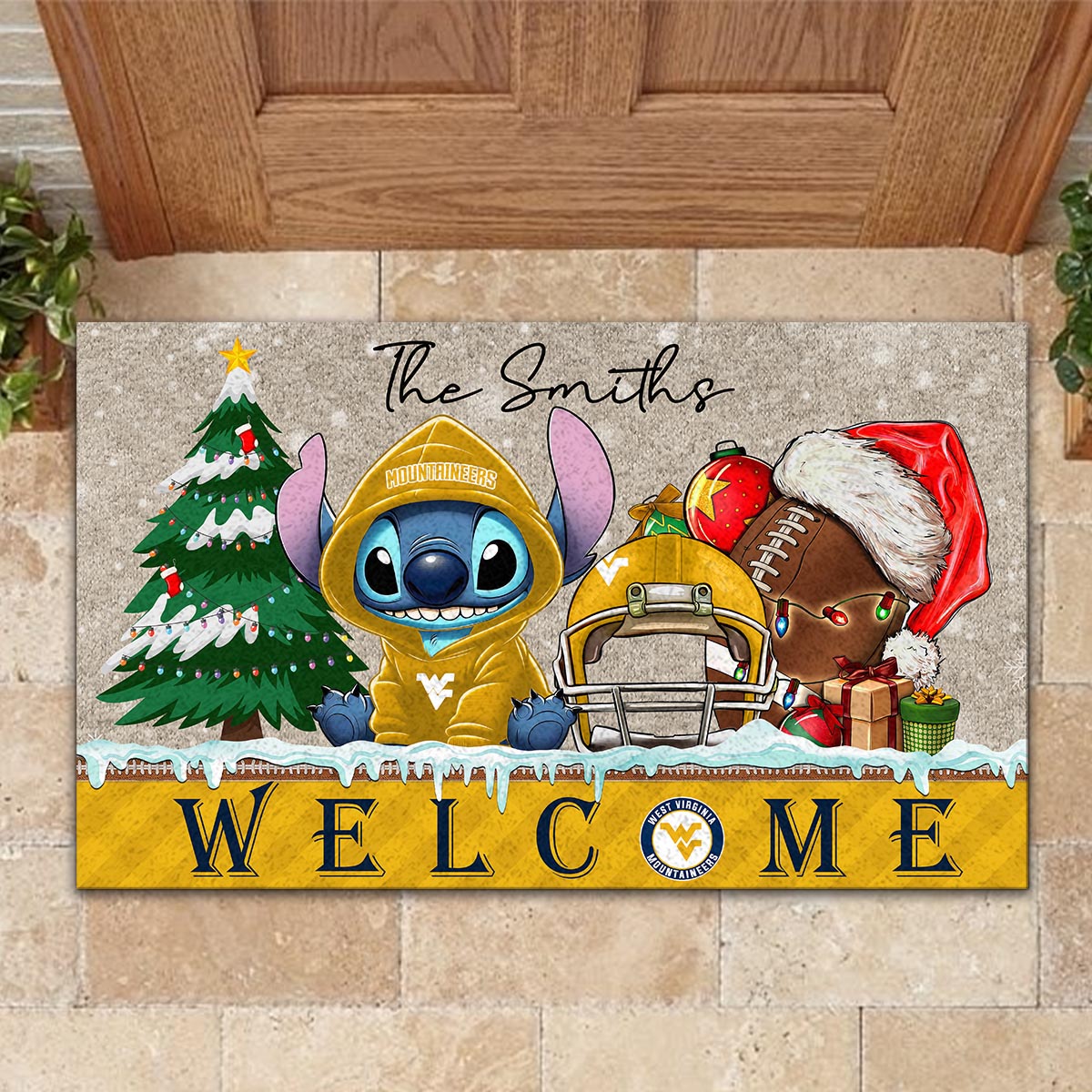 West Virginia Mountaineers Cute Stitch Christmas Doormat - Famjoys West Virginia Mountaineers Cute Stitch Christmas Doormat - Famjoys