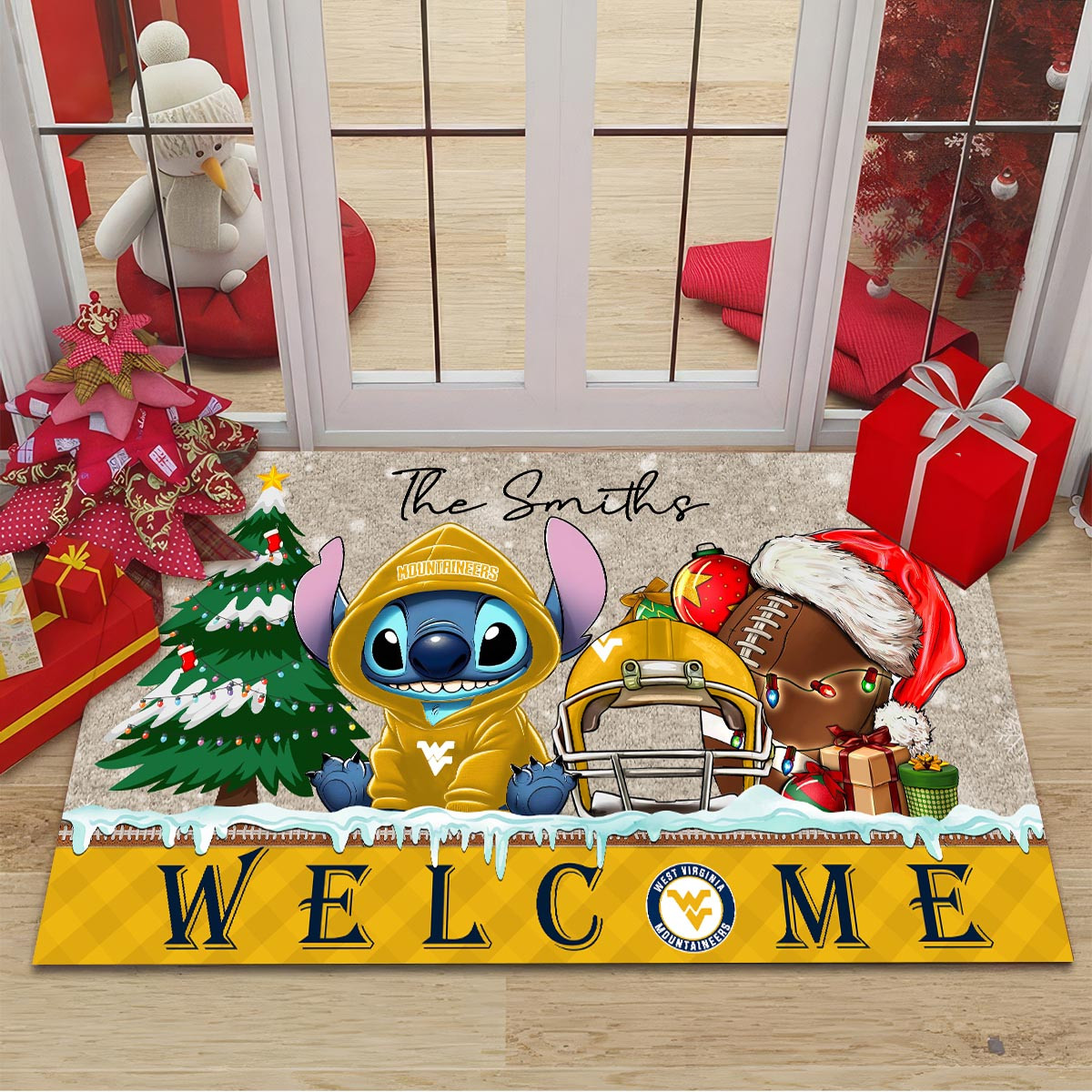 West Virginia Mountaineers Cute Stitch Christmas Doormat - Famjoys West Virginia Mountaineers Cute Stitch Christmas Doormat - Famjoys