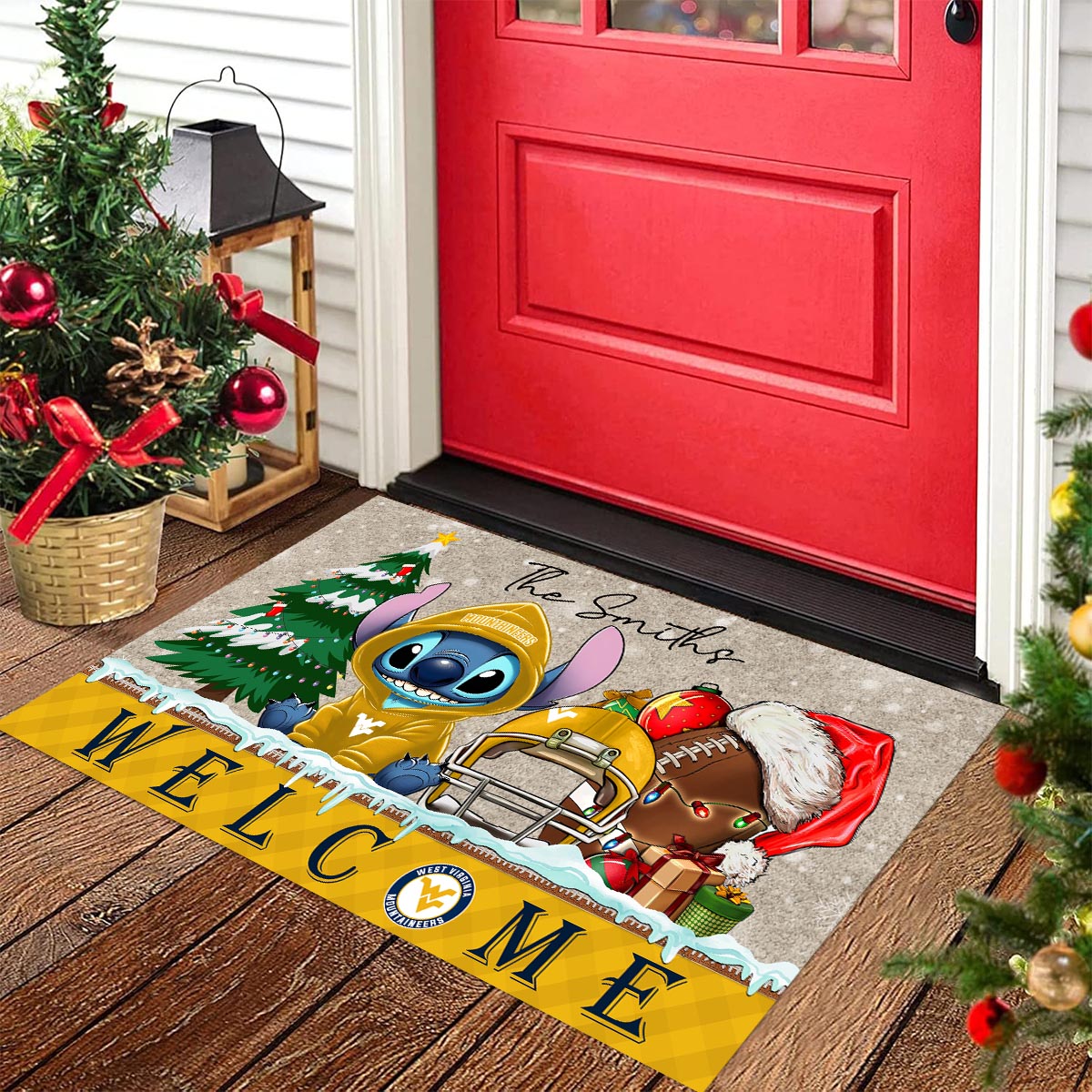 West Virginia Mountaineers Cute Stitch Christmas Doormat - Famjoys West Virginia Mountaineers Cute Stitch Christmas Doormat - Famjoys