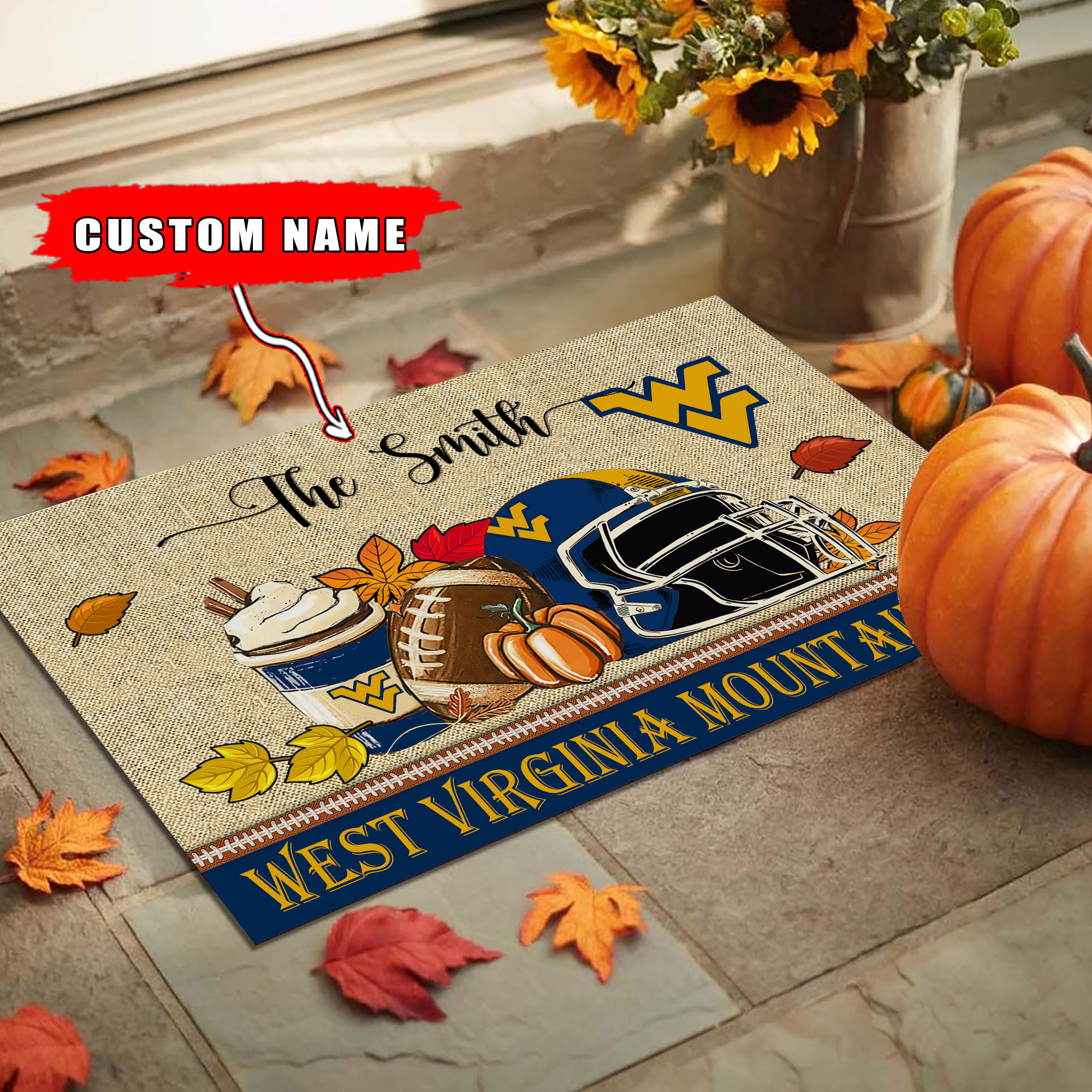 West Virginia Mountaineers Fall Football Custom Doormat - Custom Text - Famjoys West Virginia Mountaineers Fall Football Custom Doormat - Custom Text - Famjoys