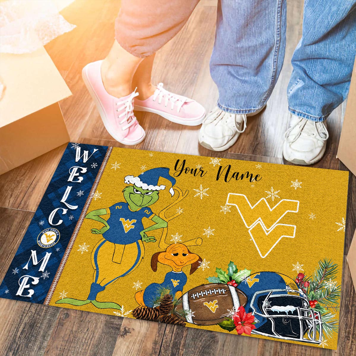 West Virginia Mountaineers Grinch Christmas Welcome Football Doormat - Famjoys West Virginia Mountaineers Grinch Christmas Welcome Football Doormat - Famjoys
