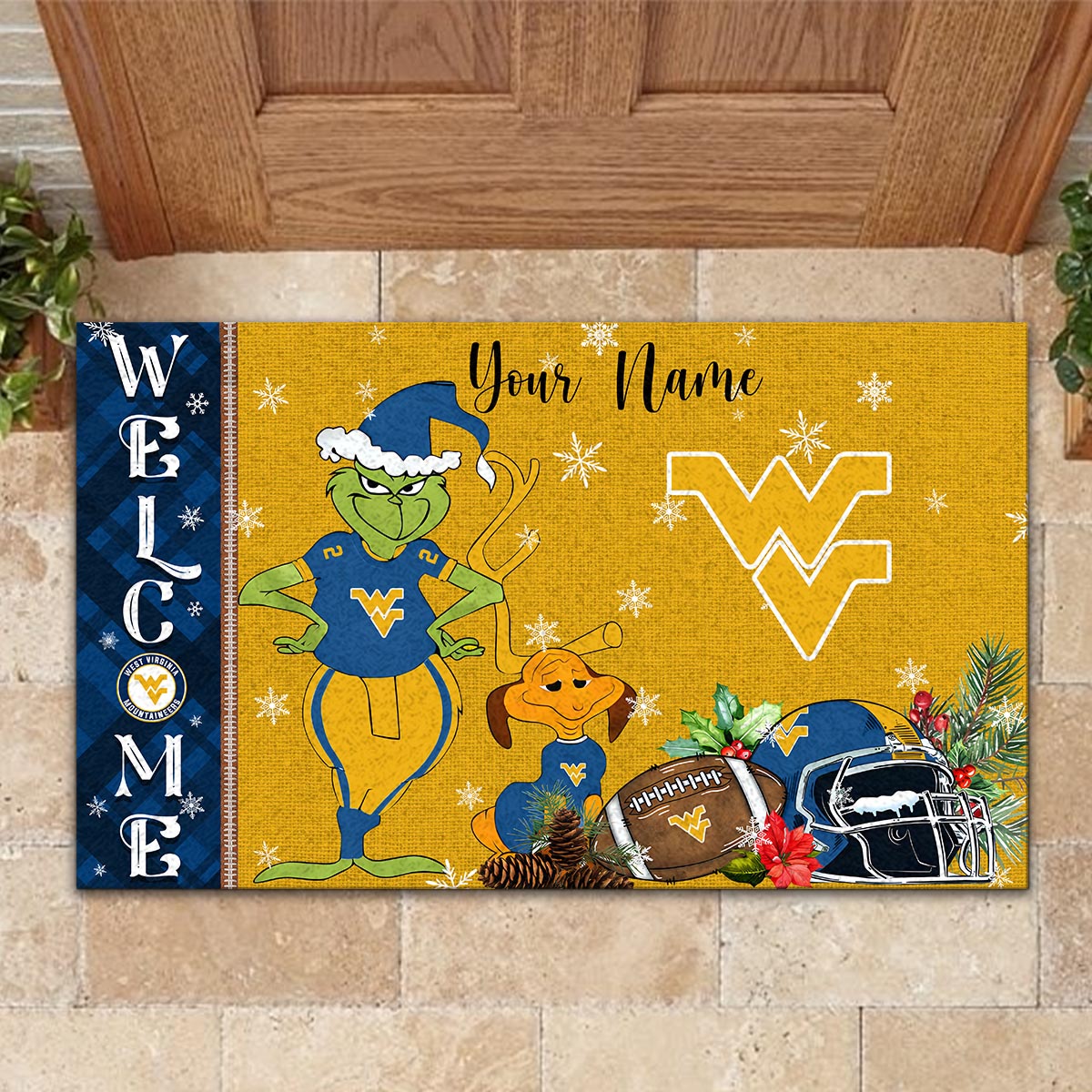 West Virginia Mountaineers Grinch Christmas Welcome Football Doormat - Famjoys West Virginia Mountaineers Grinch Christmas Welcome Football Doormat - Famjoys