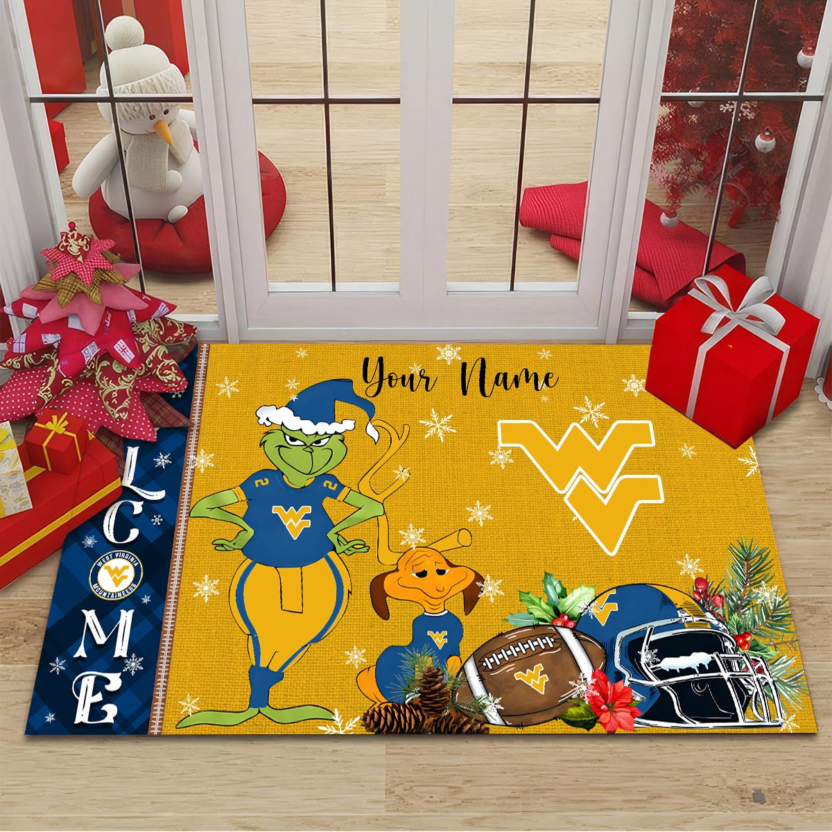 West Virginia Mountaineers Grinch Christmas Welcome Football Doormat - Famjoys West Virginia Mountaineers Grinch Christmas Welcome Football Doormat - Famjoys