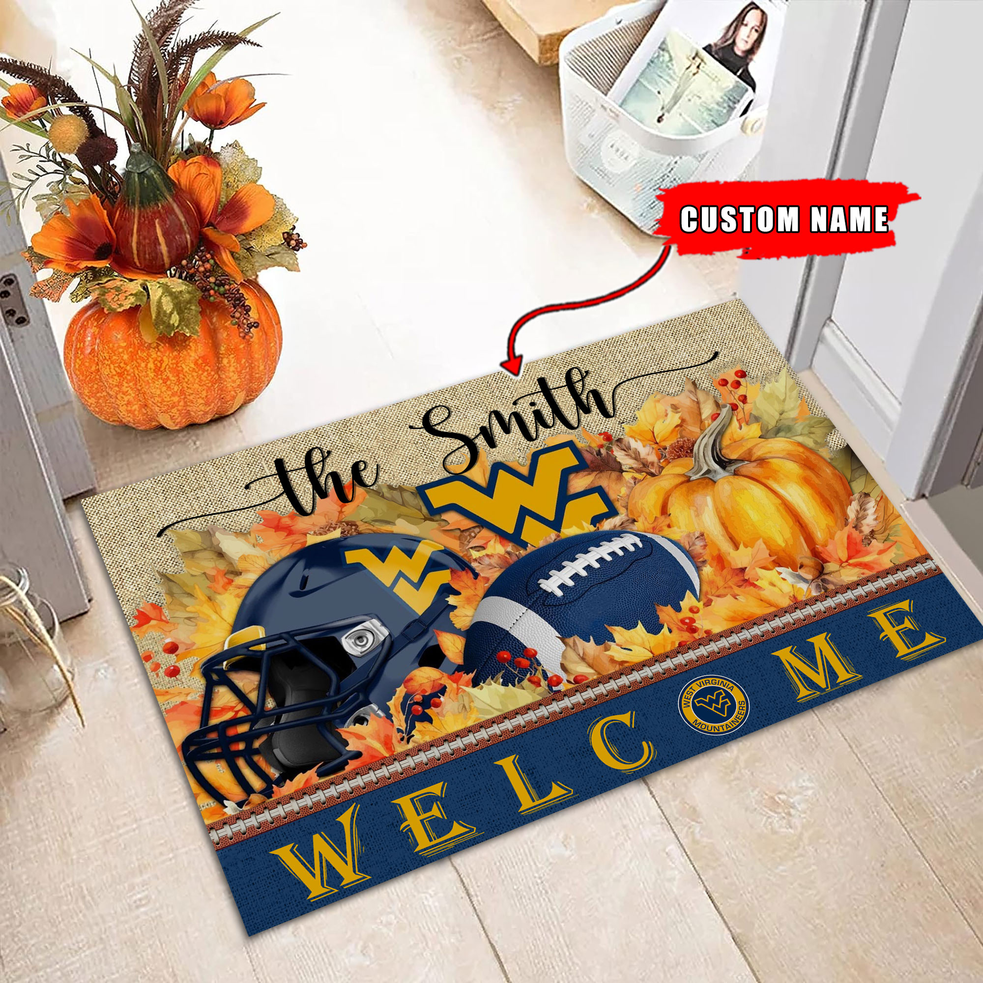 West Virginia Mountaineers Welcome Fall Football Doormat - Famjoys West Virginia Mountaineers Welcome Fall Football Doormat - Famjoys