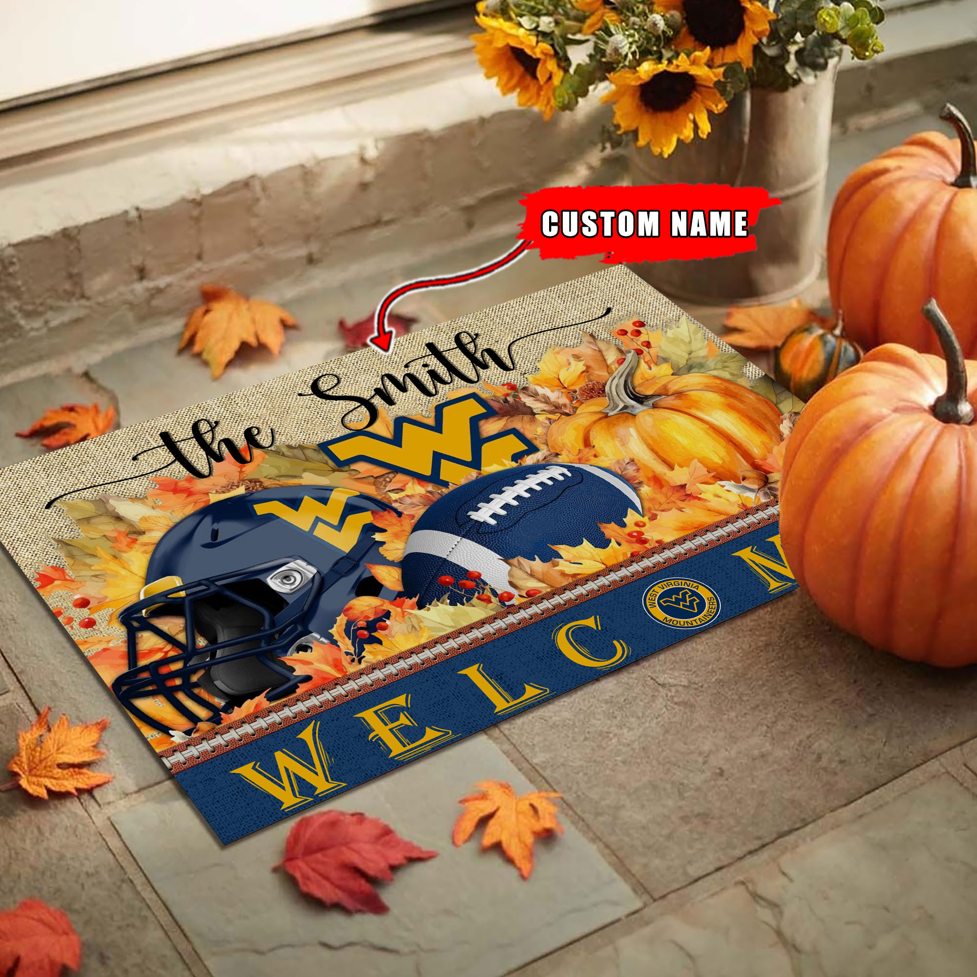 West Virginia Mountaineers Welcome Fall Football Doormat - Famjoys West Virginia Mountaineers Welcome Fall Football Doormat - Famjoys