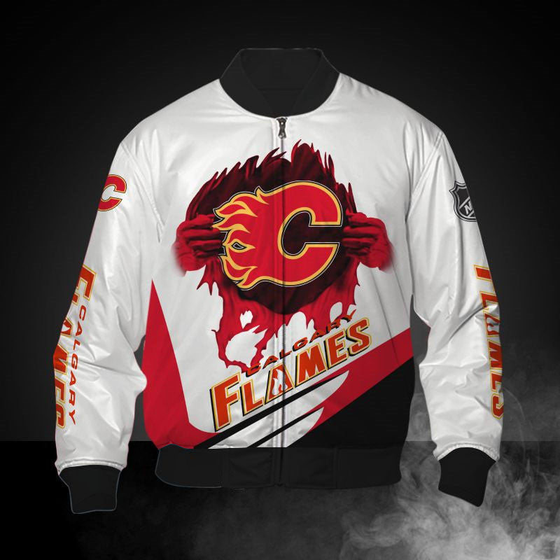 White Calgary Flames Jacket Print 3D - Famjoys White Calgary Flames Jacket Print 3D - Famjoys