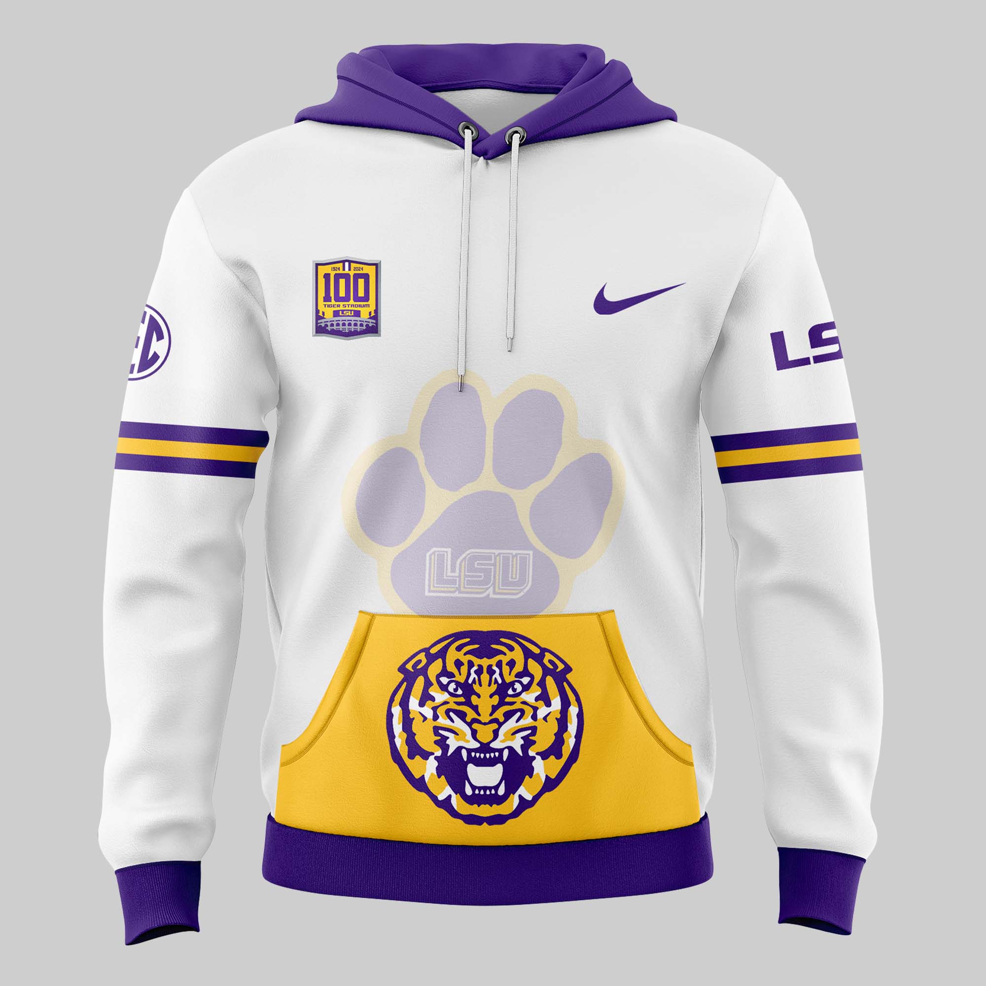 White LSU Tigers 100 Years in Tiger Stadium Scratch Hoodie - Famjoys White LSU Tigers 100 Years in Tiger Stadium Scratch Hoodie - Famjoys