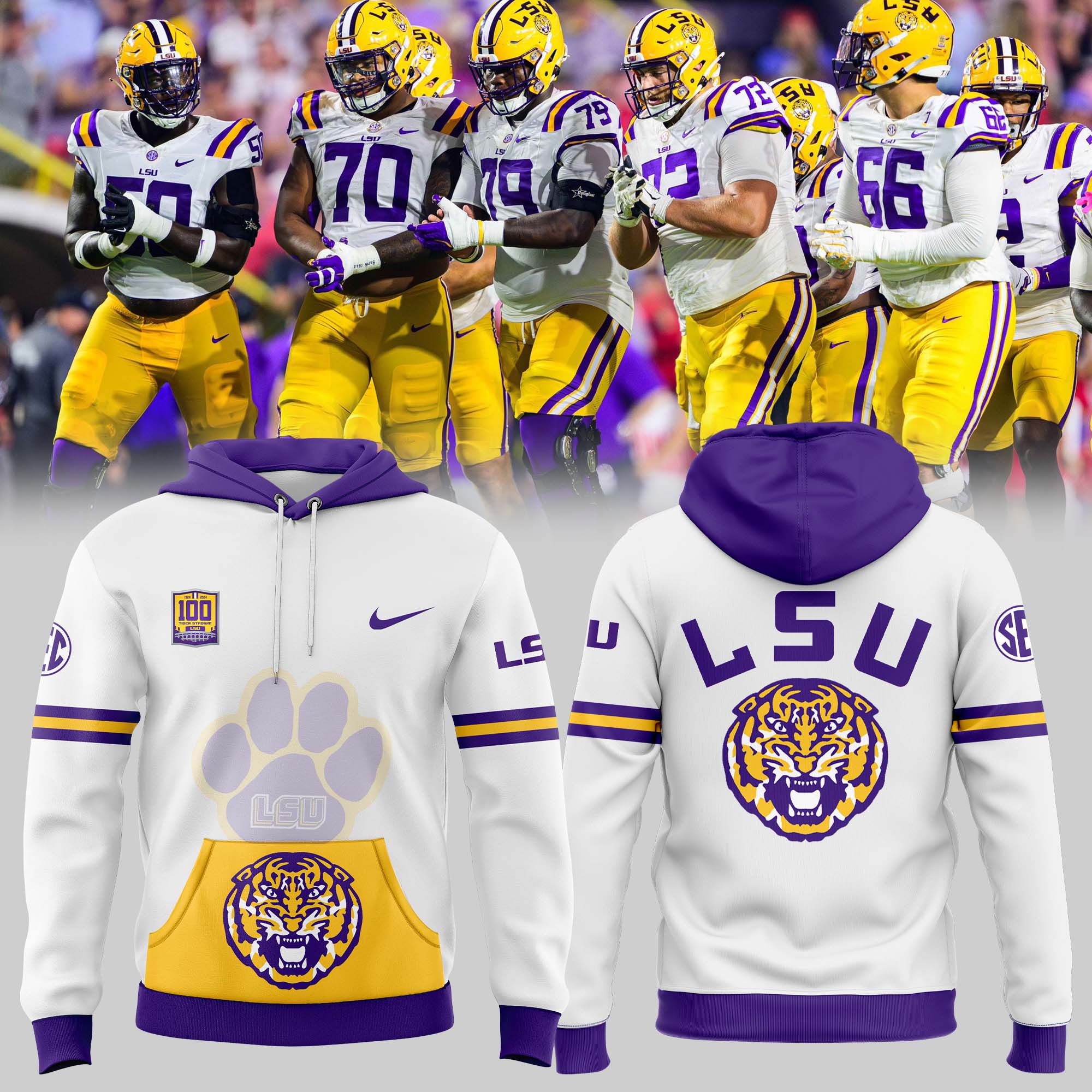 White LSU Tigers 100 Years in Tiger Stadium Scratch Hoodie - Famjoys White LSU Tigers 100 Years in Tiger Stadium Scratch Hoodie - Famjoys