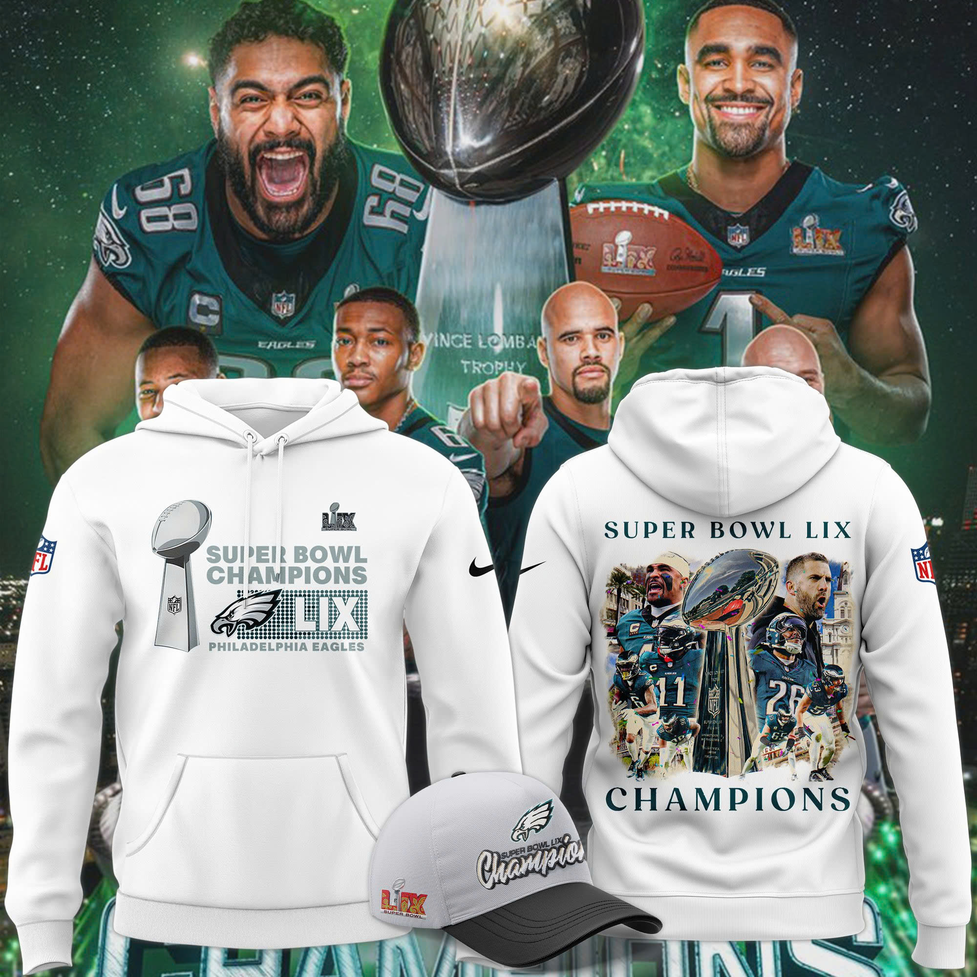 White Philadelphia Eagles 2025 Super Bowl Champions Hoodie - Famjoys White Philadelphia Eagles 2025 Super Bowl Champions Hoodie - Famjoys