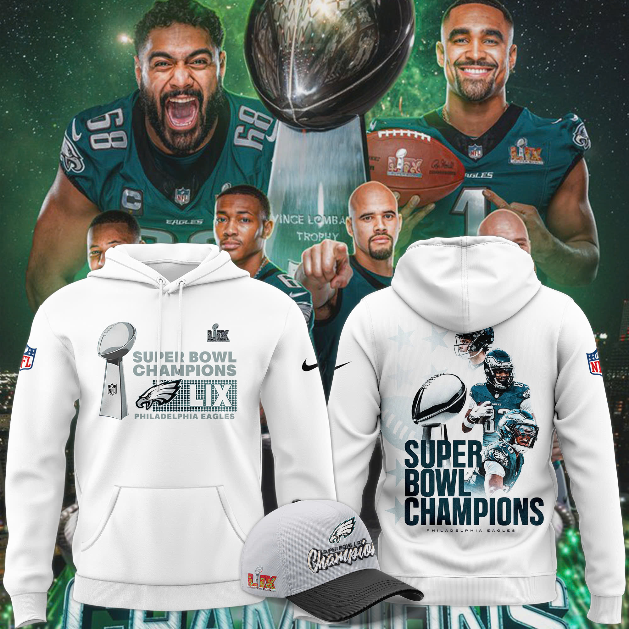 White Philadelphia Eagles 2025 Super Bowl Champions Premium Pullover Hoodie - Famjoys White Philadelphia Eagles 2025 Super Bowl Champions Premium Pullover Hoodie - Famjoys