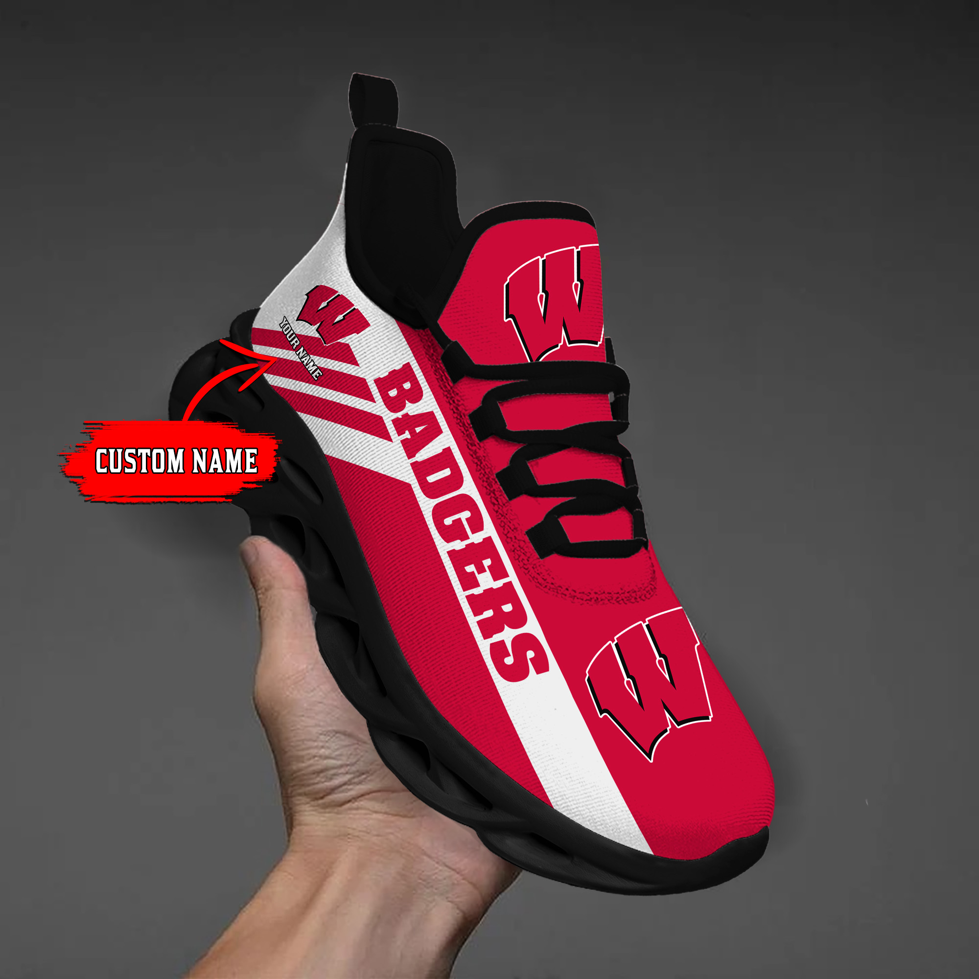 Wisconsin Badgers Custom Name PERSONALIZED MAX SOUL SHOES DS004 - Famjoys Wisconsin Badgers Custom Name PERSONALIZED MAX SOUL SHOES DS004 - Famjoys