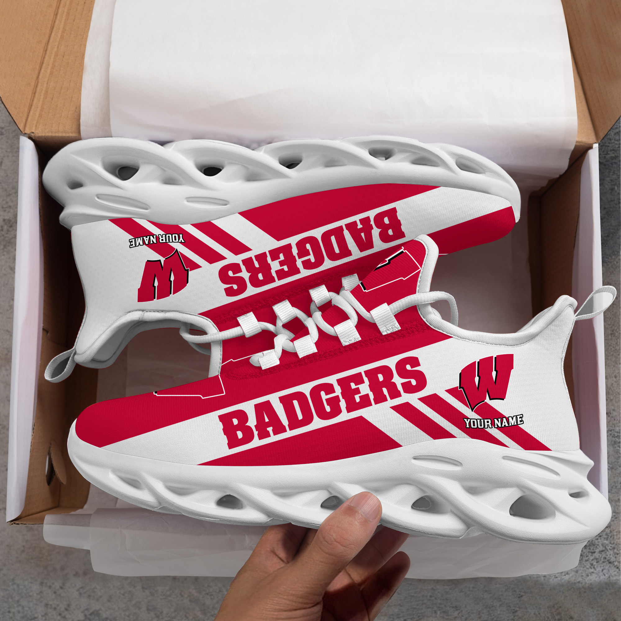 Wisconsin Badgers Custom Name PERSONALIZED MAX SOUL SHOES DS004 - Famjoys Wisconsin Badgers Custom Name PERSONALIZED MAX SOUL SHOES DS004 - Famjoys