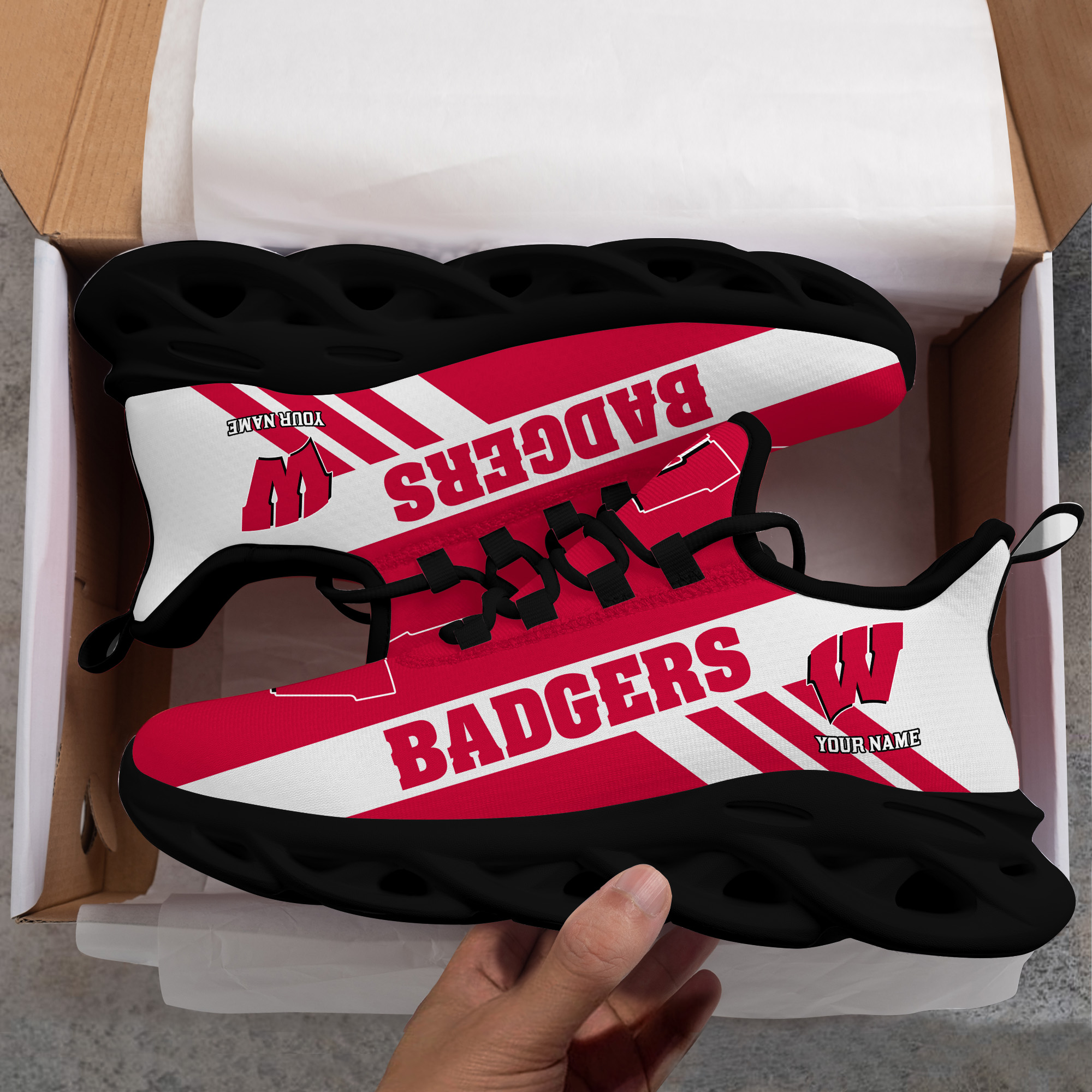 Wisconsin Badgers Custom Name PERSONALIZED MAX SOUL SHOES DS004 - Famjoys Wisconsin Badgers Custom Name PERSONALIZED MAX SOUL SHOES DS004 - Famjoys