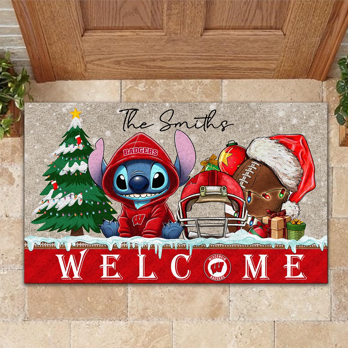 Wisconsin Badgers Cute Stitch Christmas Doormat - Famjoys Wisconsin Badgers Cute Stitch Christmas Doormat - Famjoys