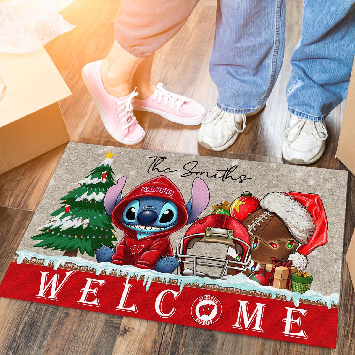 Wisconsin Badgers Cute Stitch Christmas Doormat - Famjoys Wisconsin Badgers Cute Stitch Christmas Doormat - Famjoys