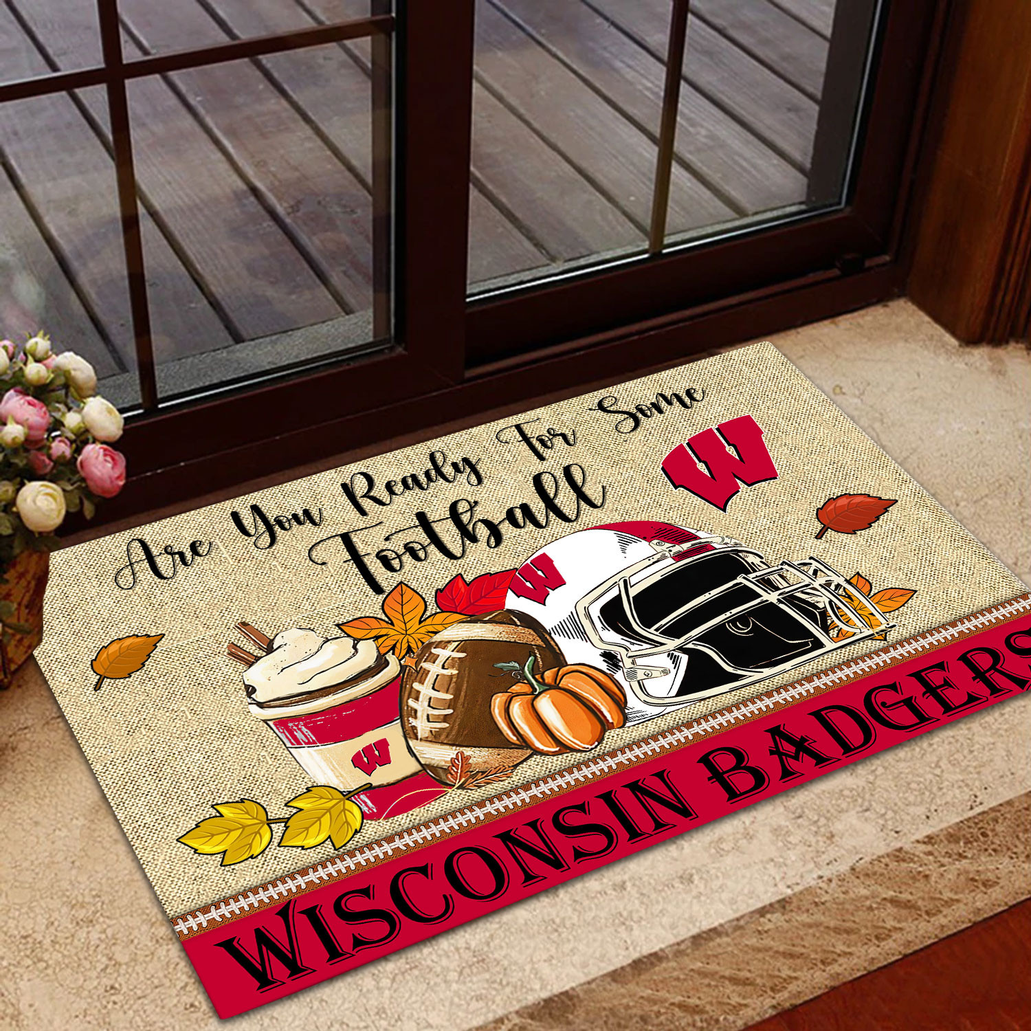 Wisconsin Badgers Fall Football Custom Doormat - Custom Text - Famjoys Wisconsin Badgers Fall Football Custom Doormat - Custom Text - Famjoys