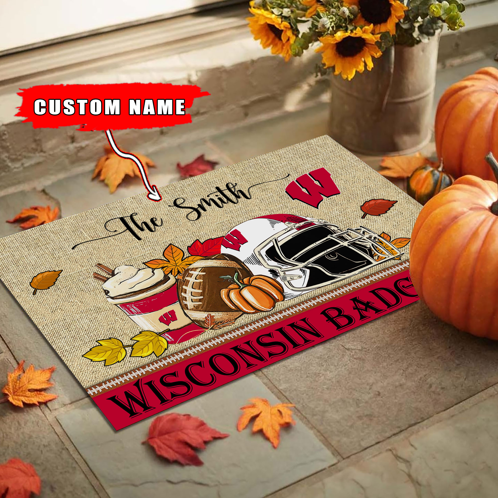 Wisconsin Badgers Fall Football Custom Doormat - Custom Text - Famjoys Wisconsin Badgers Fall Football Custom Doormat - Custom Text - Famjoys