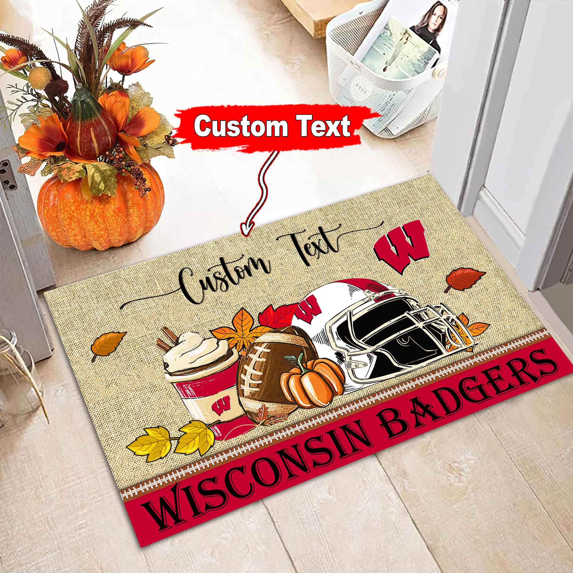 Wisconsin Badgers Fall Football Custom Doormat - Custom Text - Famjoys Wisconsin Badgers Fall Football Custom Doormat - Custom Text - Famjoys
