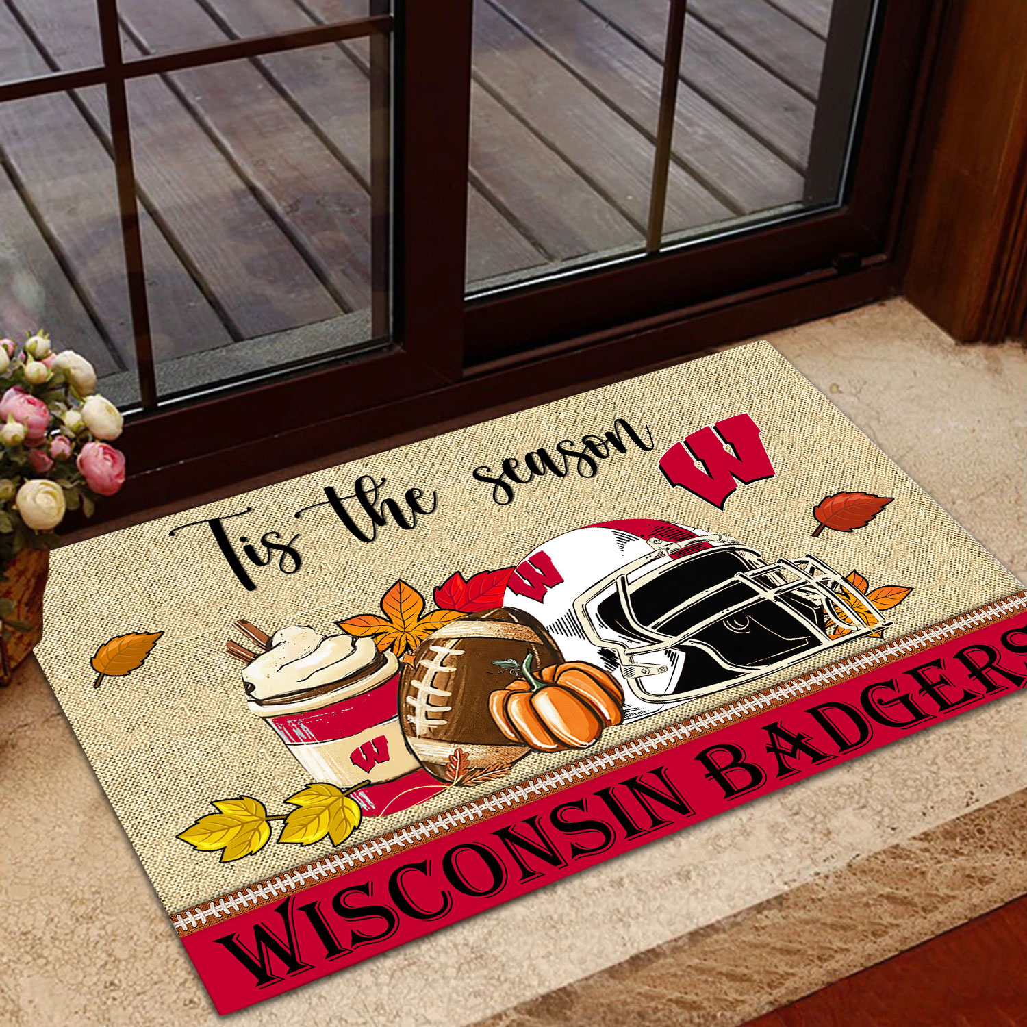 Wisconsin Badgers Fall Football Custom Doormat - Custom Text - Famjoys Wisconsin Badgers Fall Football Custom Doormat - Custom Text - Famjoys