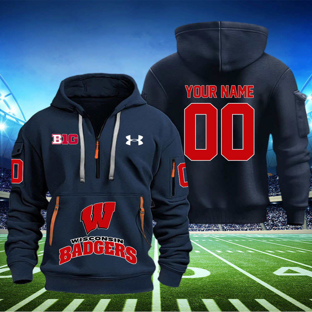 Wisconsin Badgers Football Quarter Zip Hoodie - Famjoys Wisconsin Badgers Football Quarter Zip Hoodie - Famjoys