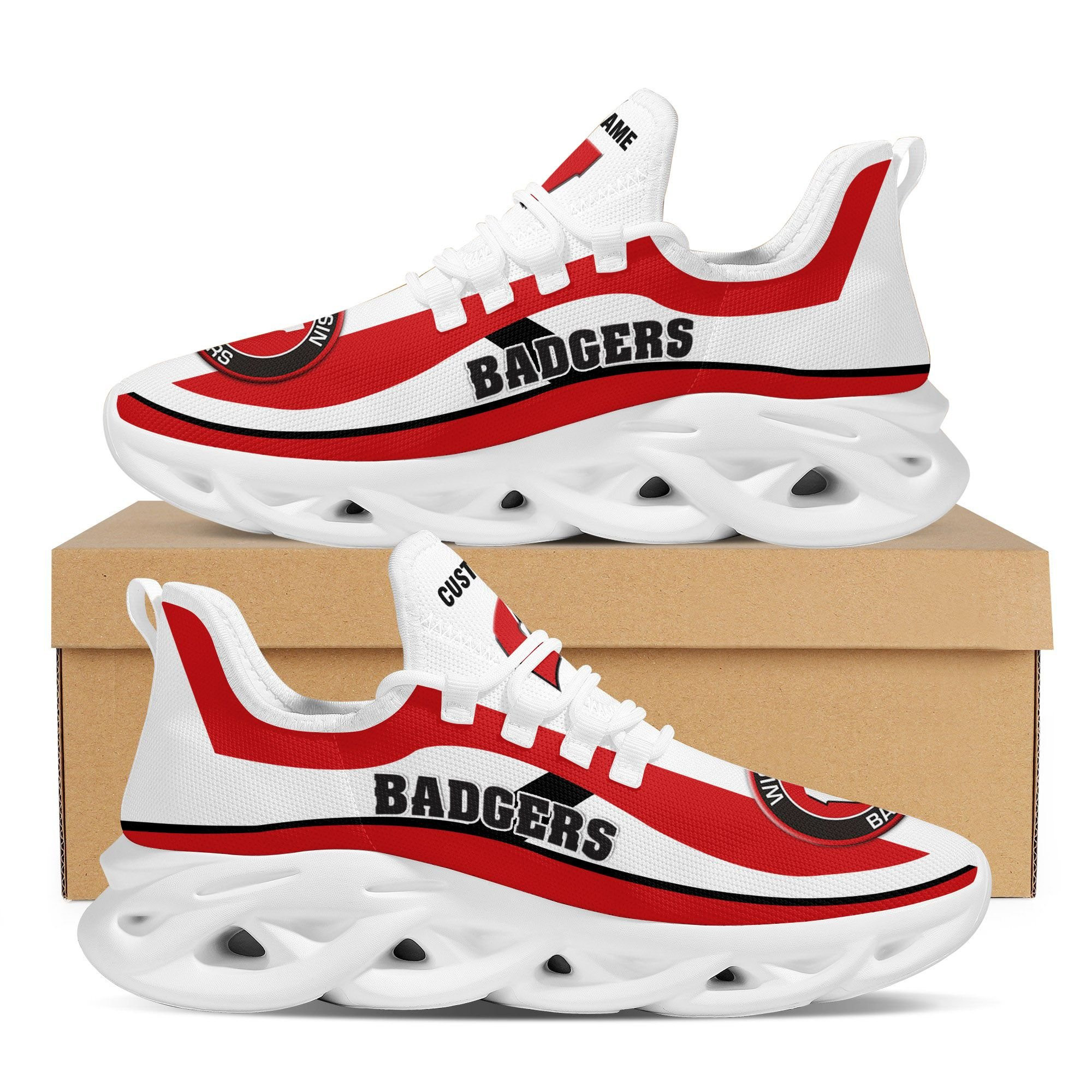 Wisconsin Badgers Football Team Custom Personalized With Name Max Soul Sneakers Shoes - Famjoys Wisconsin Badgers Football Team Custom Personalized With Name Max Soul Sneakers Shoes - Famjoys