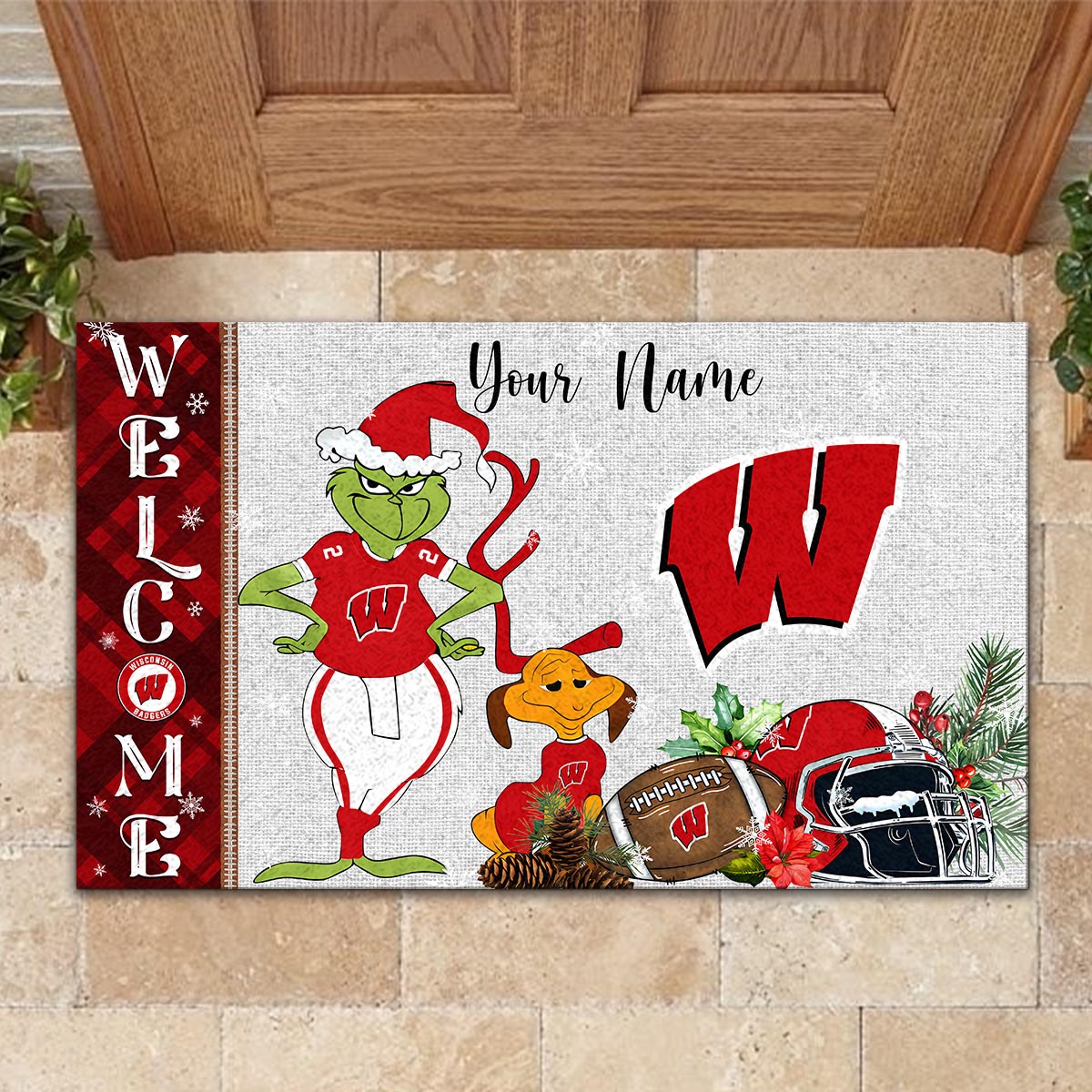 Wisconsin Badgers Grinch Christmas Welcome Football Doormat - Famjoys Wisconsin Badgers Grinch Christmas Welcome Football Doormat - Famjoys
