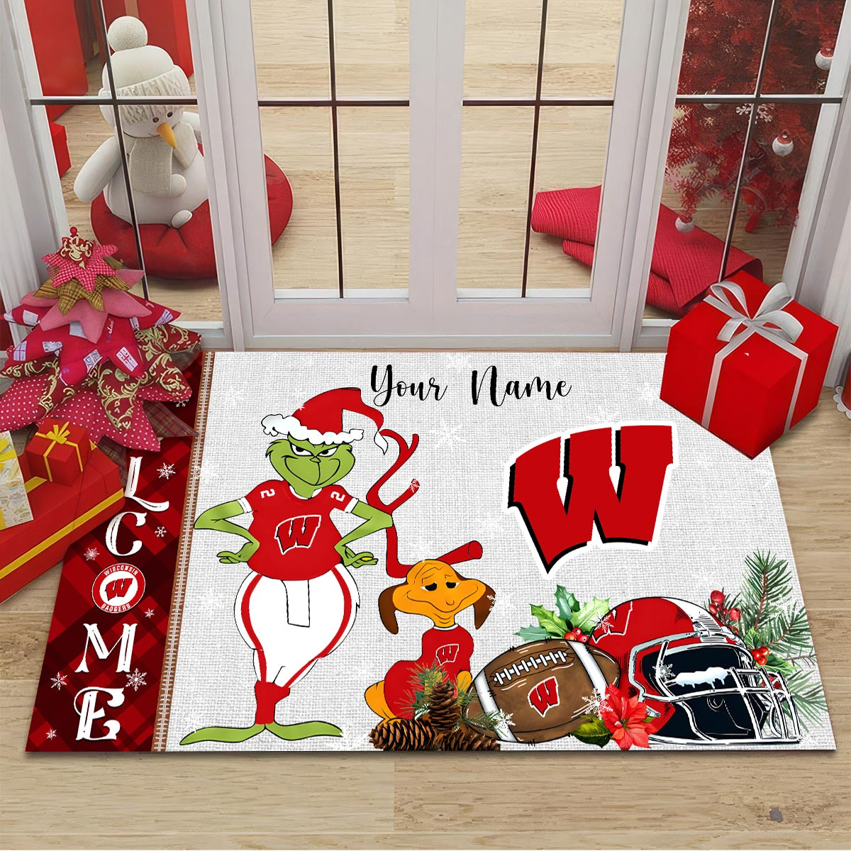 Wisconsin Badgers Grinch Christmas Welcome Football Doormat - Famjoys Wisconsin Badgers Grinch Christmas Welcome Football Doormat - Famjoys