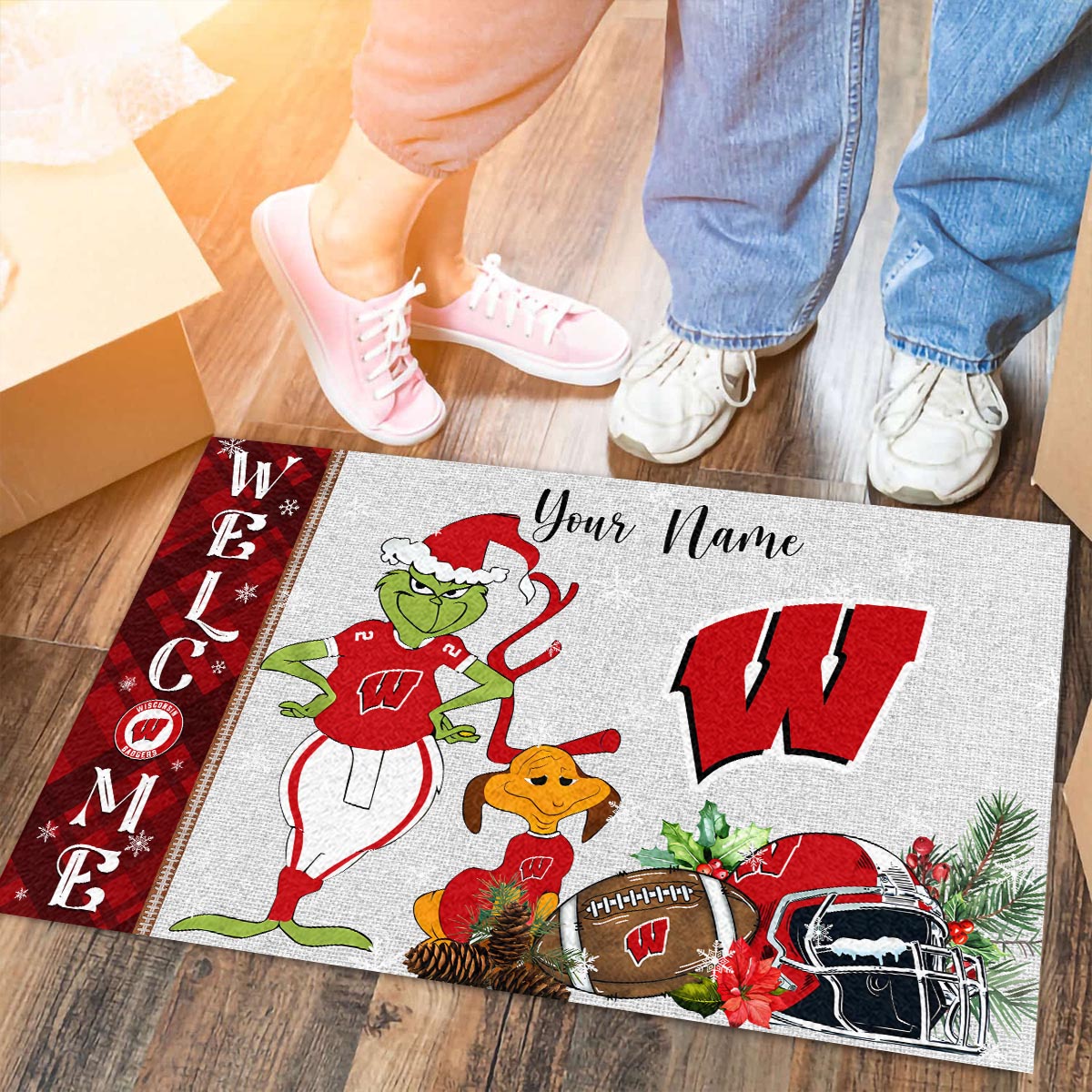 Wisconsin Badgers Grinch Christmas Welcome Football Doormat - Famjoys Wisconsin Badgers Grinch Christmas Welcome Football Doormat - Famjoys