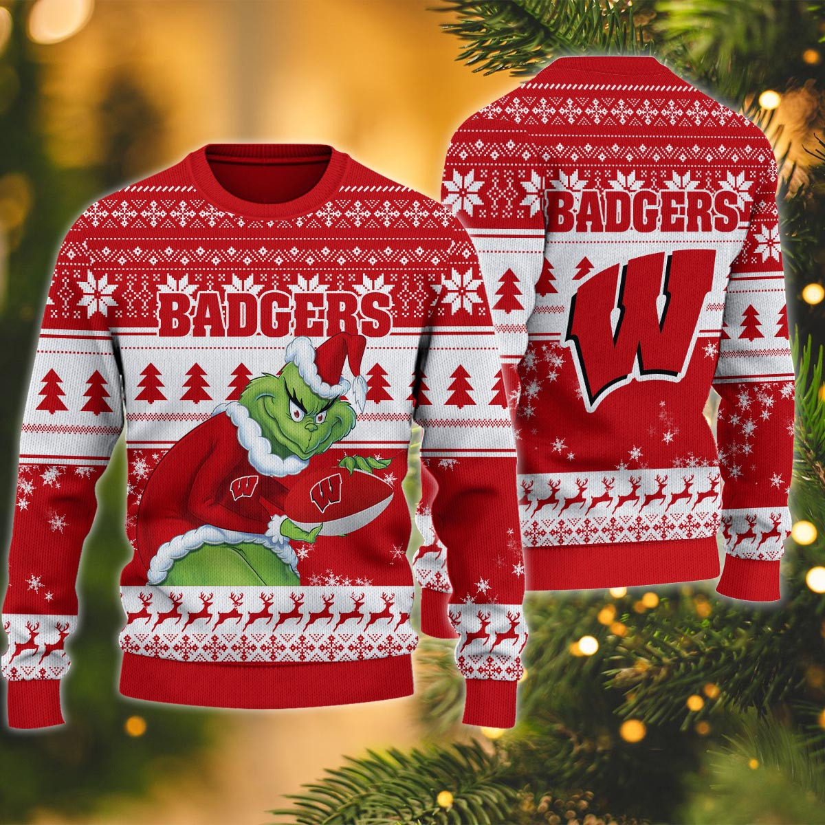 Wisconsin Badgers Grinch Ugly Christmas Sweater - Famjoys Wisconsin Badgers Grinch Ugly Christmas Sweater - Famjoys