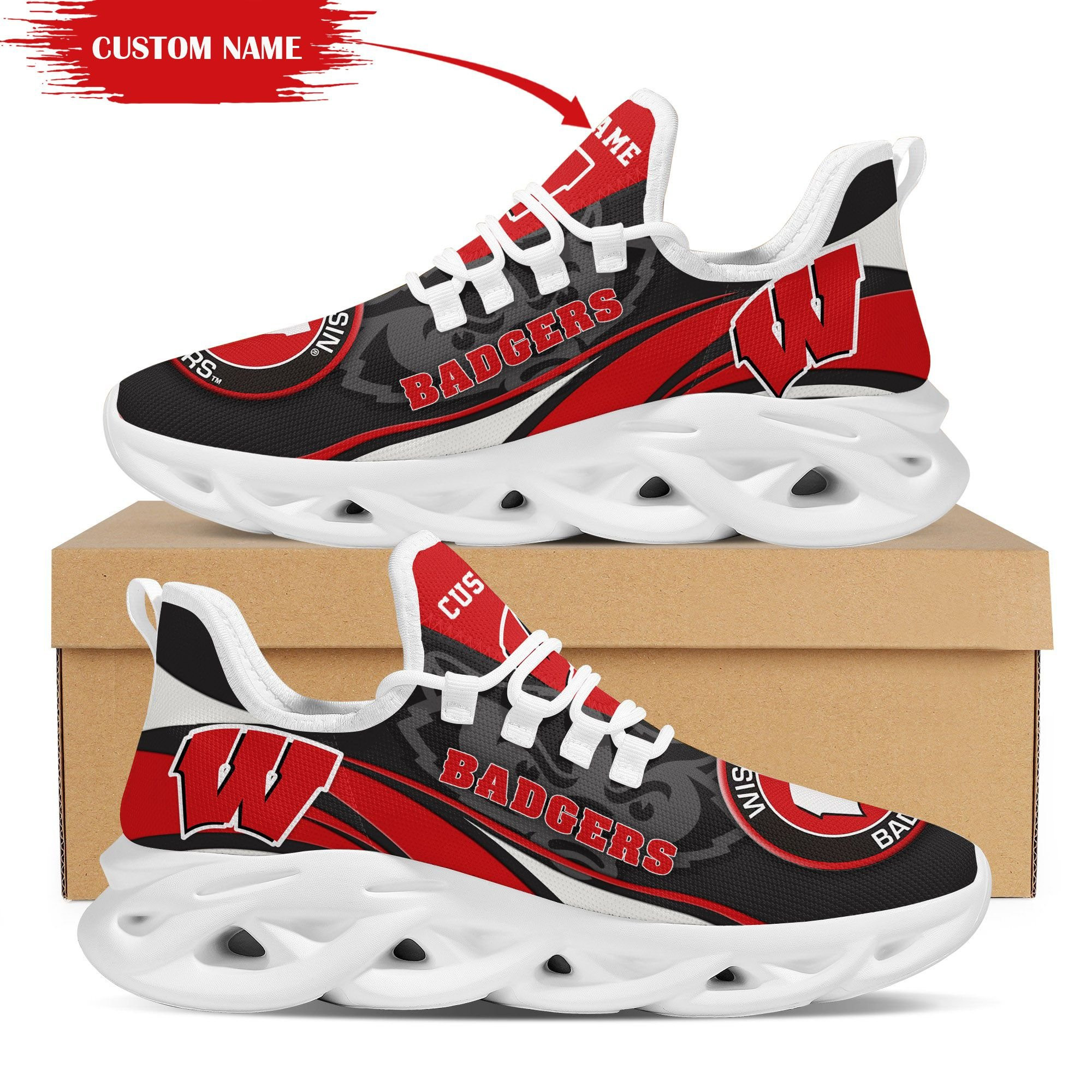 Wisconsin Badgers Mascot Custom Name Personalized Max Soul Sneakers - Famjoys Wisconsin Badgers Mascot Custom Name Personalized Max Soul Sneakers - Famjoys